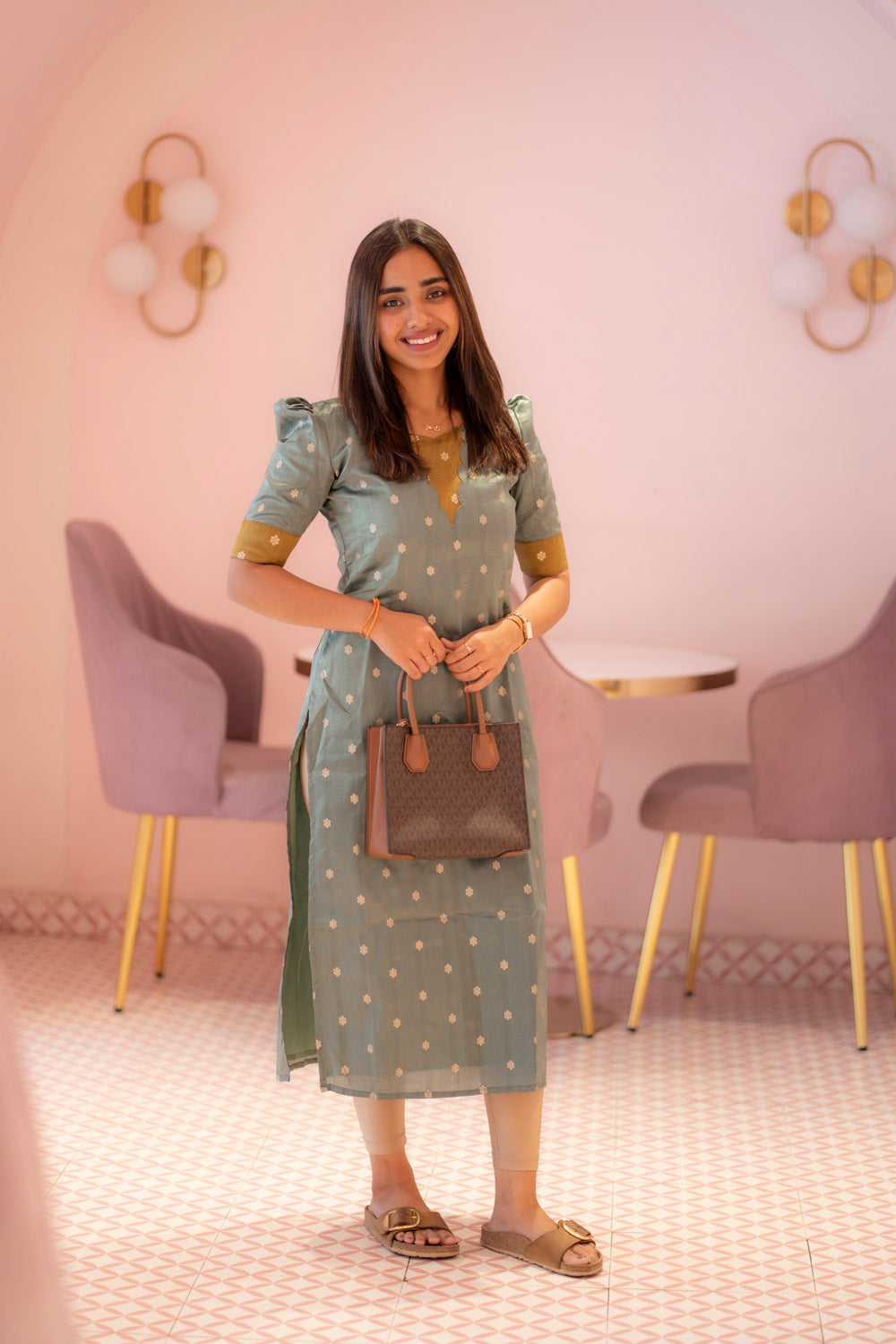AA180A Teal Blue With Mustard Combo Shimmer Silk Kurti (warning :Don’t Iron Directly)