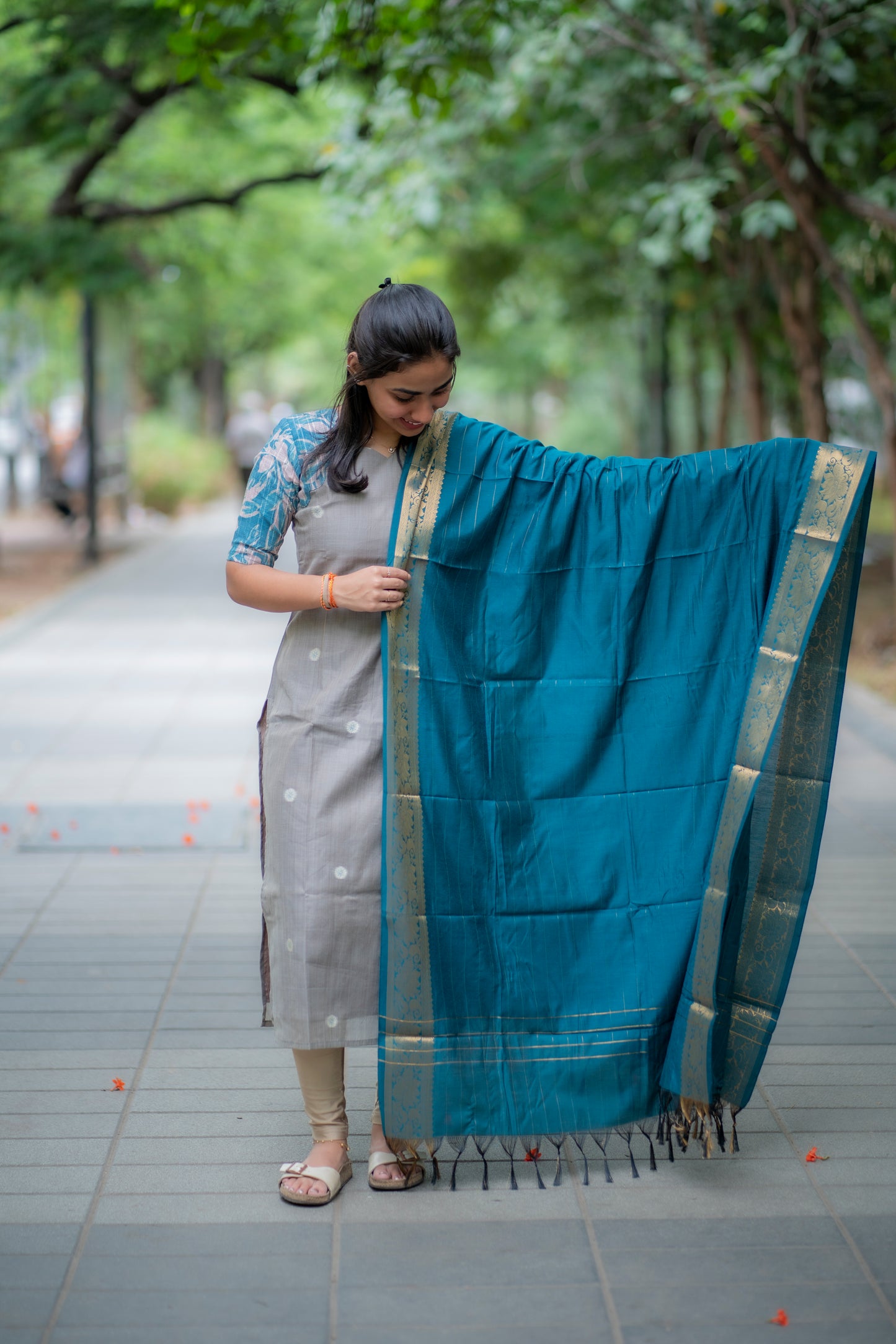 AA072 Grey Raw Silk Top with Peacock Blue Dupatta