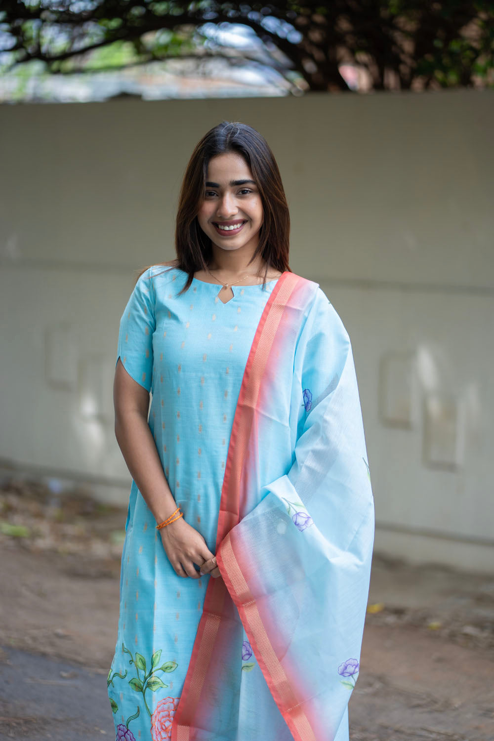 AA254 Blue with Golden motifs & Floral Print Kota Cotton Salwar Set