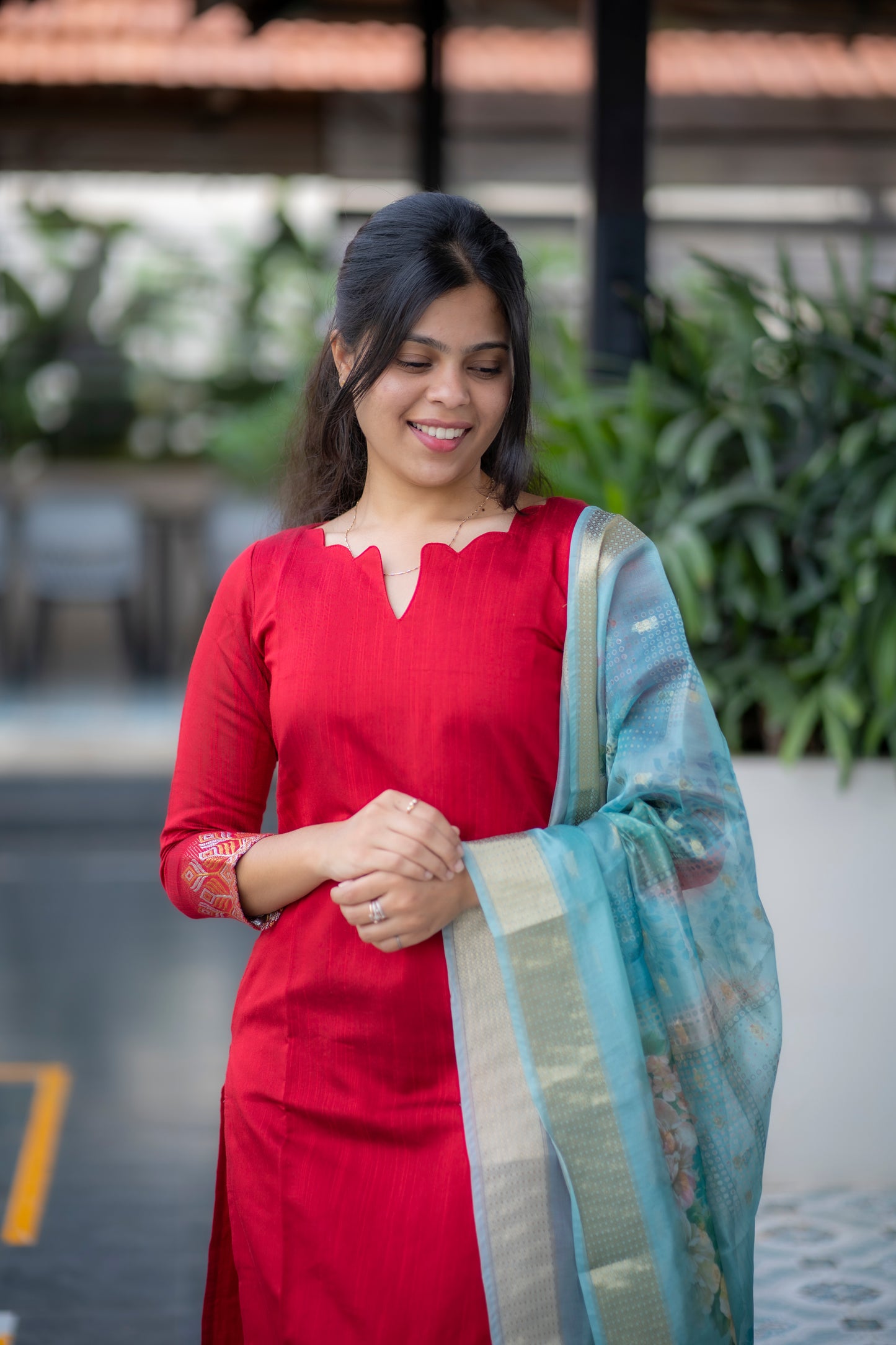 AA066 Red Silk Top with Blue Organza Shawl