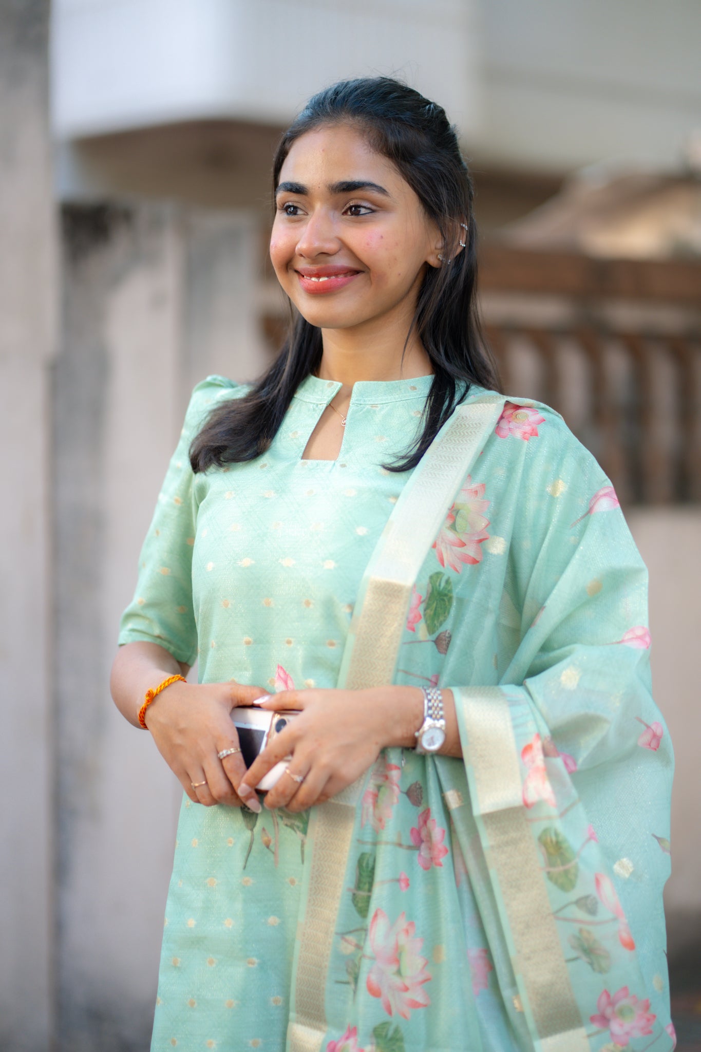 AA139 Green Lotus Shimmer Silk with Banarasi Weaving 3 Pc Set