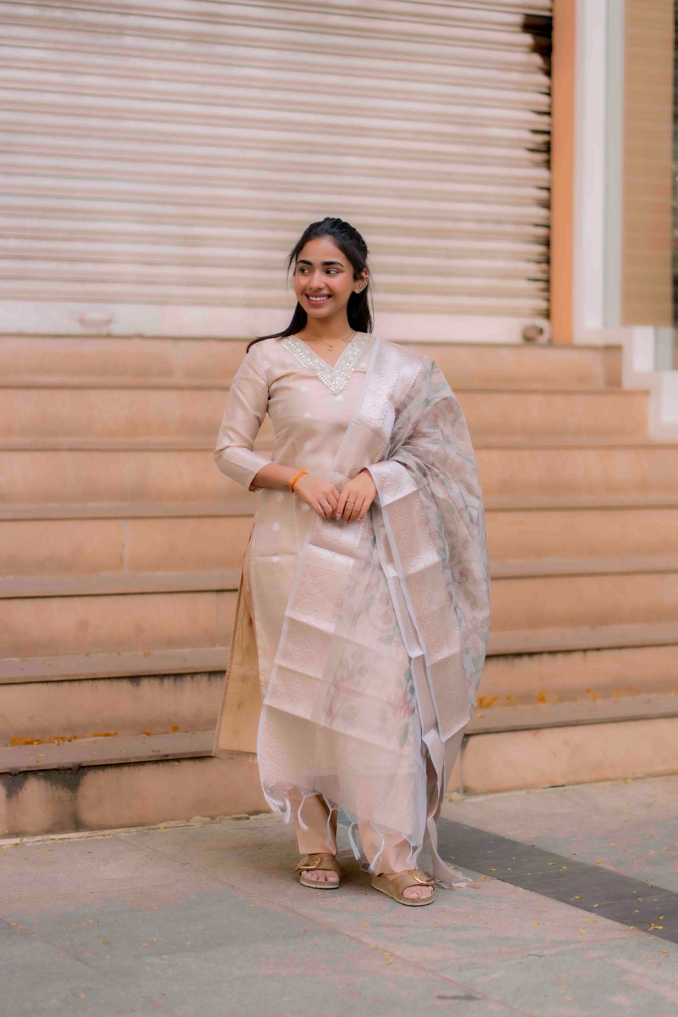 AA204 Beige Colour Organza Silk 3 Pc Set