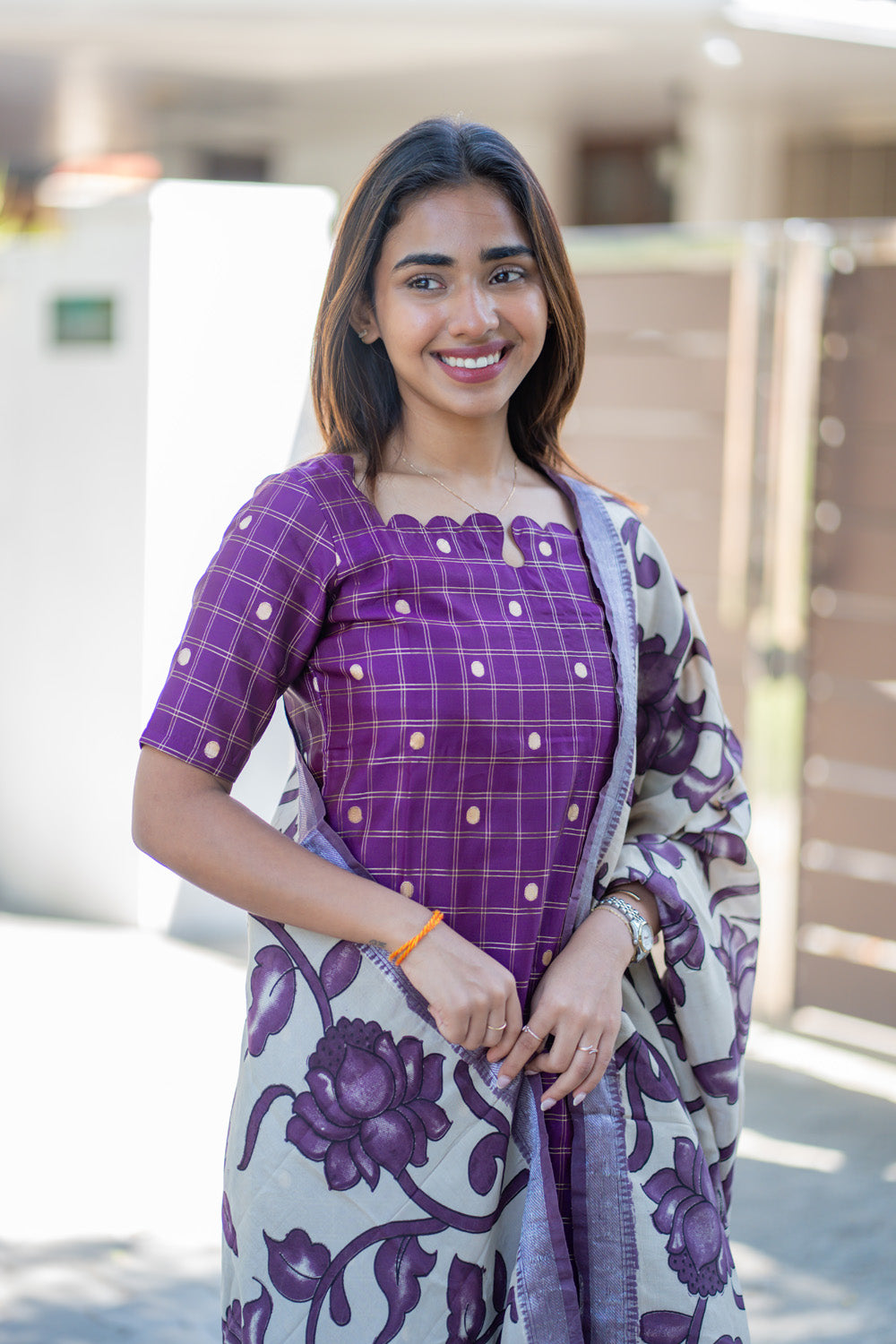 AA268 Purple Checks Raw Silk Kurti with Kalmkari Dupatta