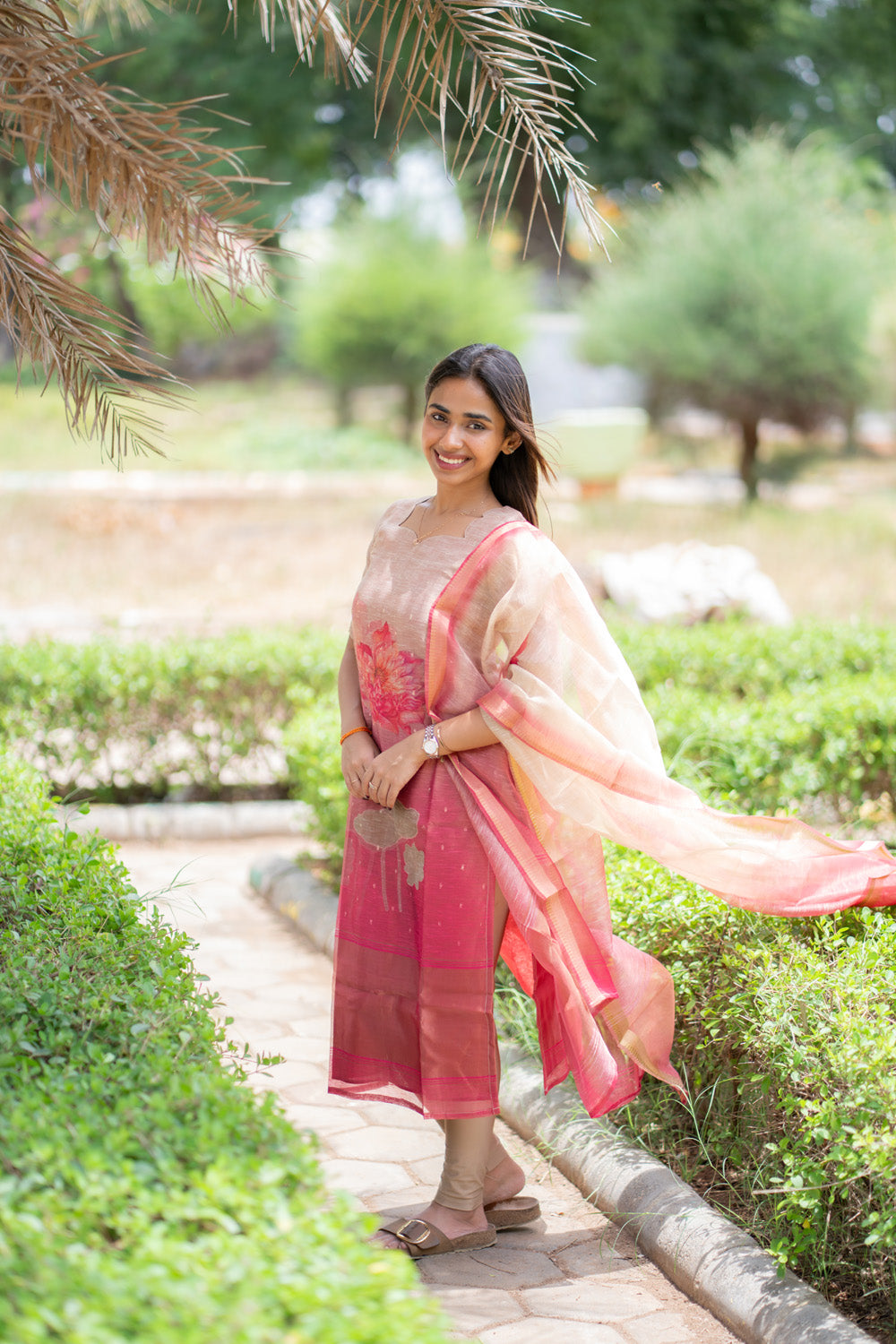 AA298 Beige with Pink Combo Floral Chanderi Tissue Silk Kurti with Dupatta