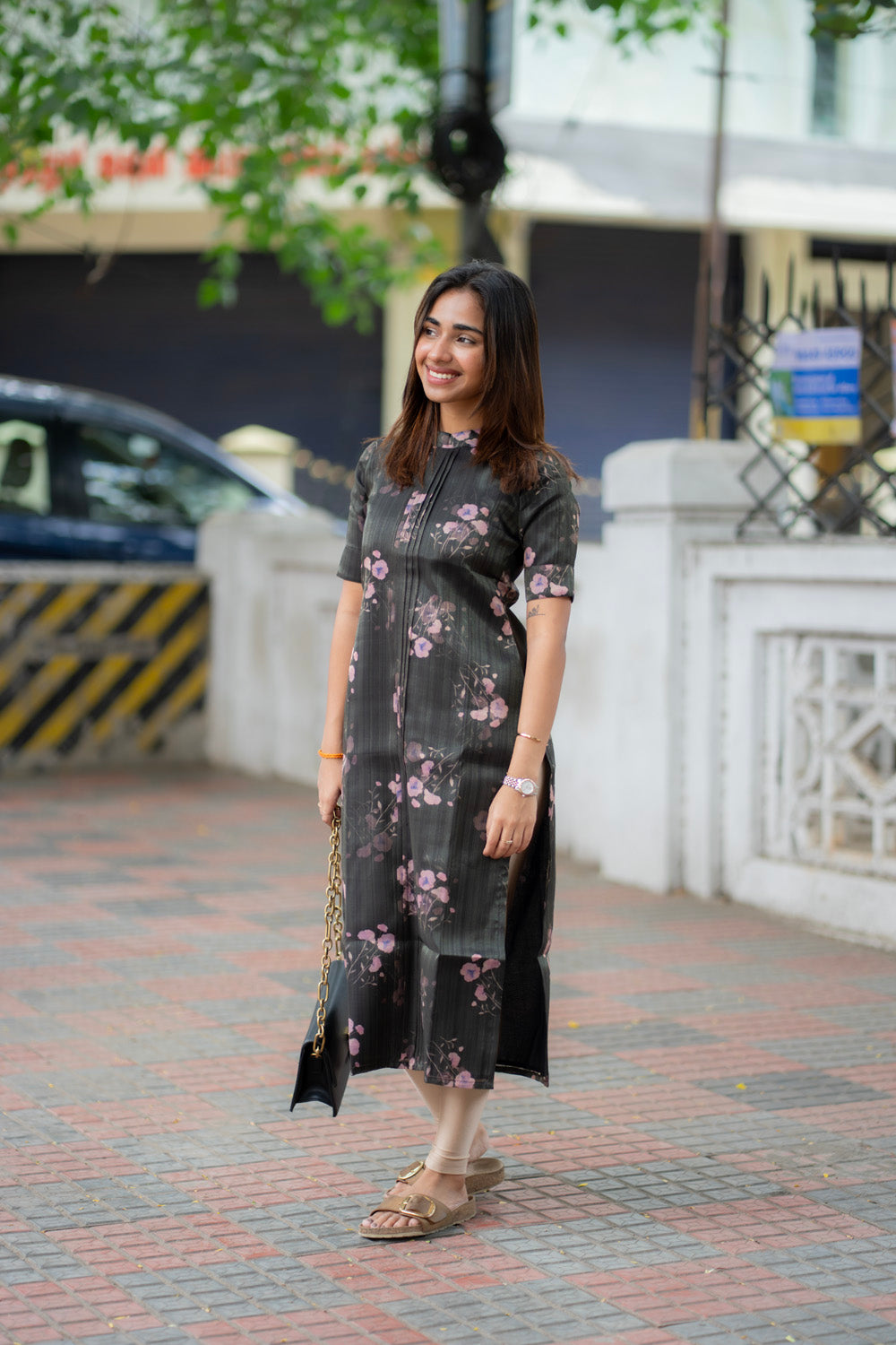 AA287 Black with Lavender Floral Shimmer Silk Kurti