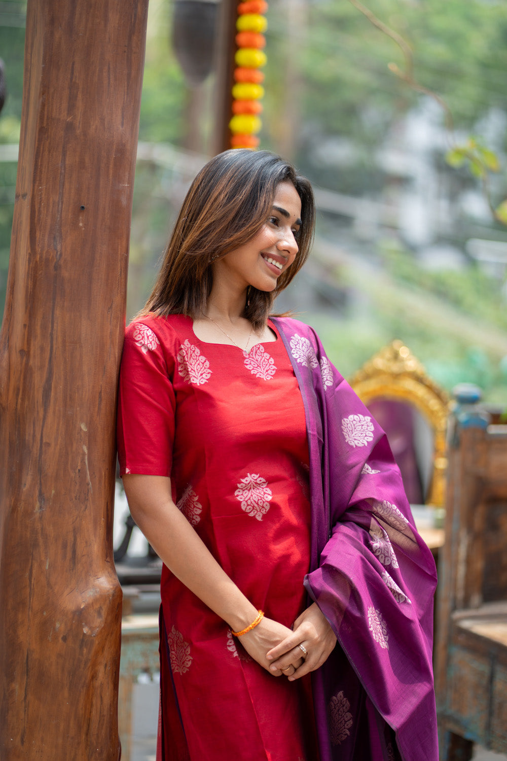 AA310 Red with Violet Combo Silk Cotton Salwar Set(with Silver Jari Design)(provided lining for top & pant)