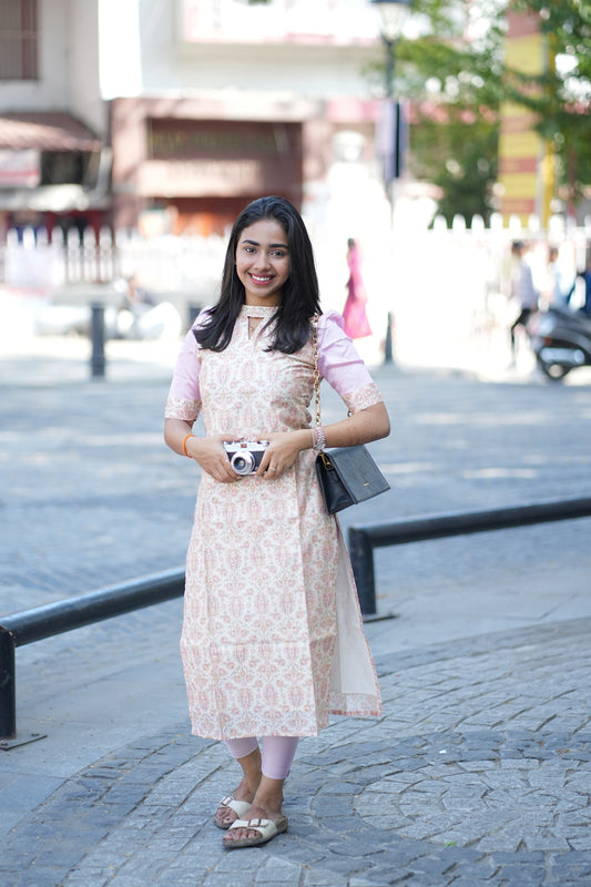 AA138 white with Pink Chanderi Silk Kurti