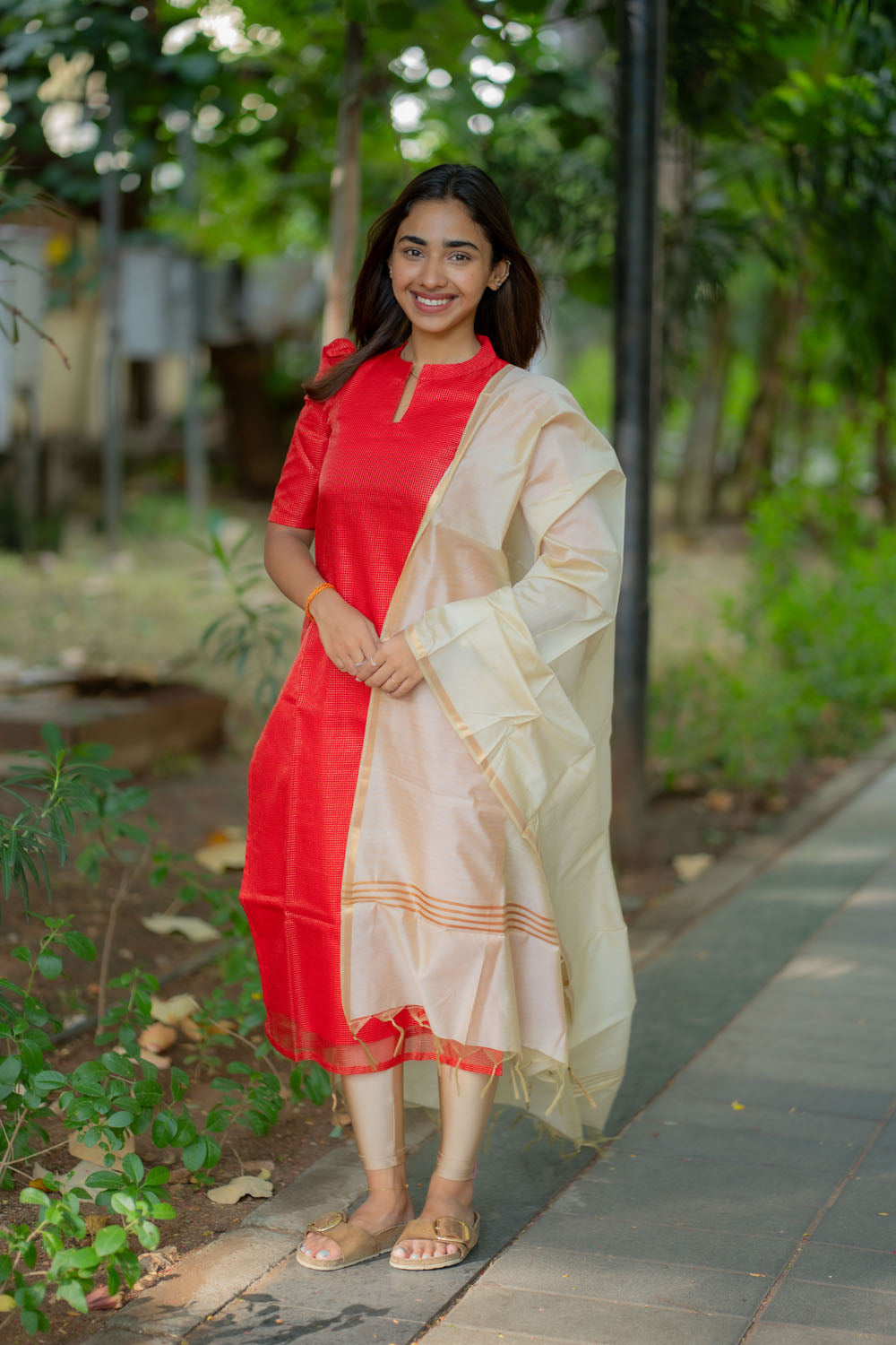 AA244 Red Checks Tissue Silk Kurti with Golden Dupatta
