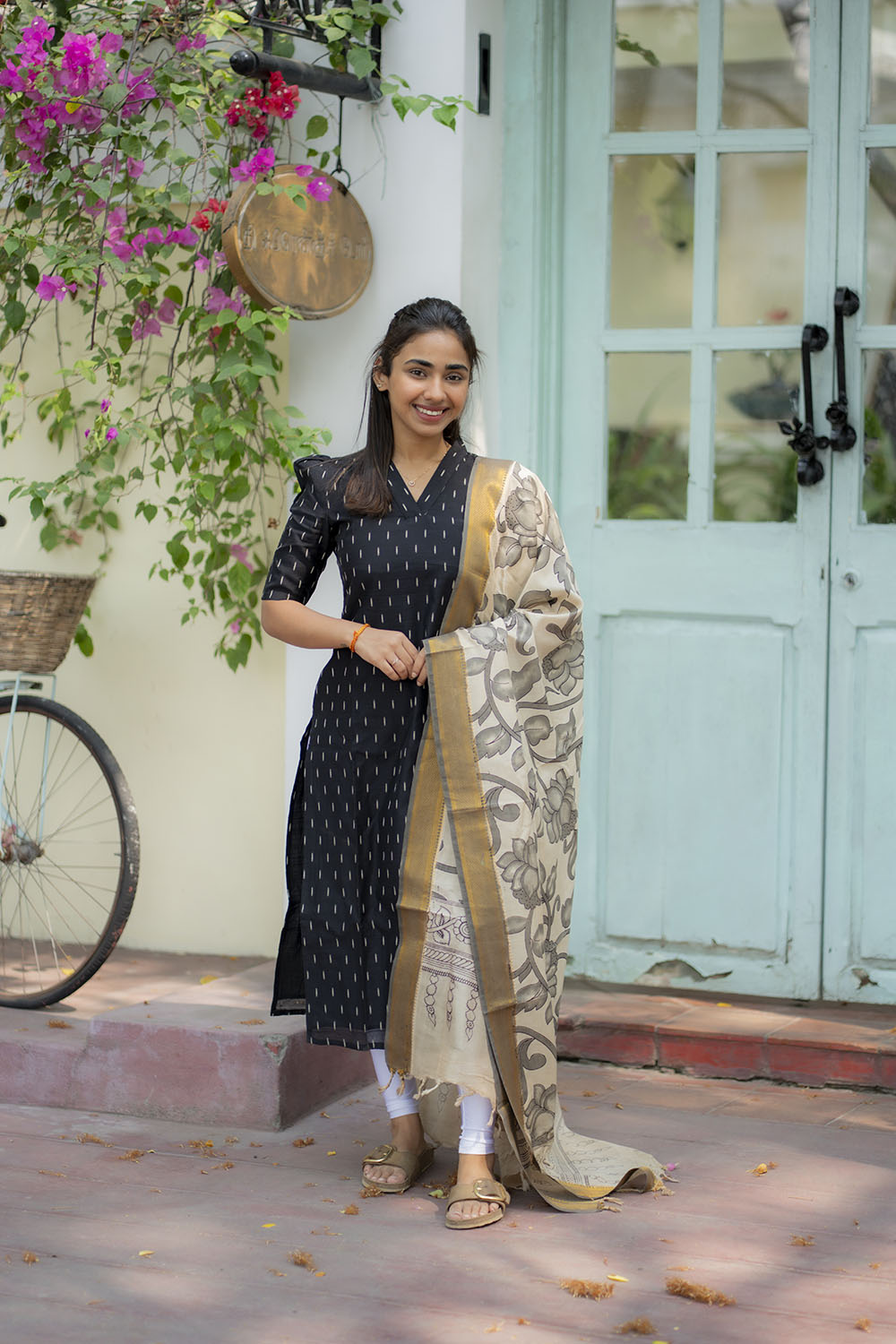 AA205 Black Raw Silk Kurti with Kalmkari Dupatta