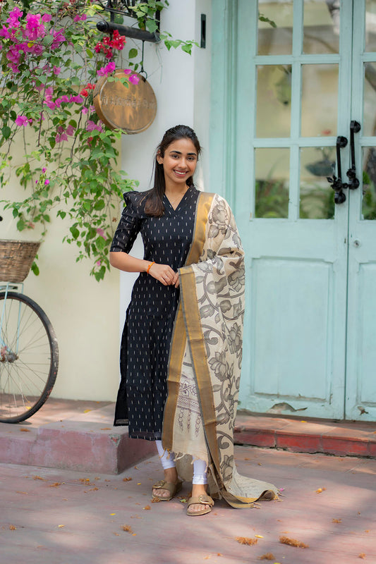 AA205 Black Raw Silk Kurti with Kalmkari Dupatta