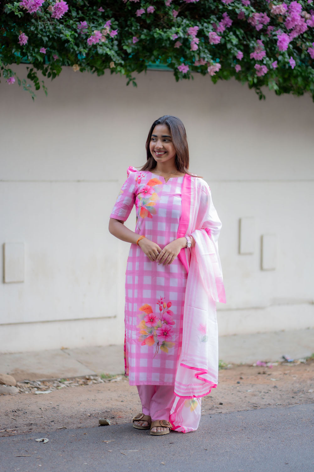 AA245 Pink Checks Floral Cambric Cotton 3 Pc Set
