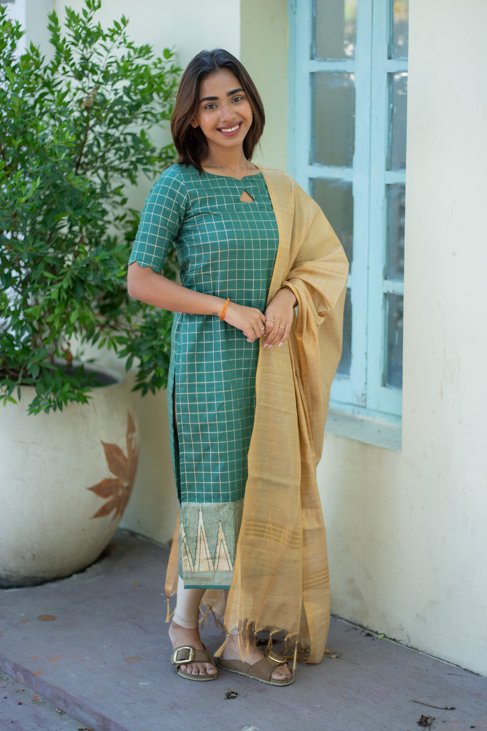 AA266 Bottle Green Checks with Temple Border Dolla Silk Kurti with Golden Tissue Silk Dupatta