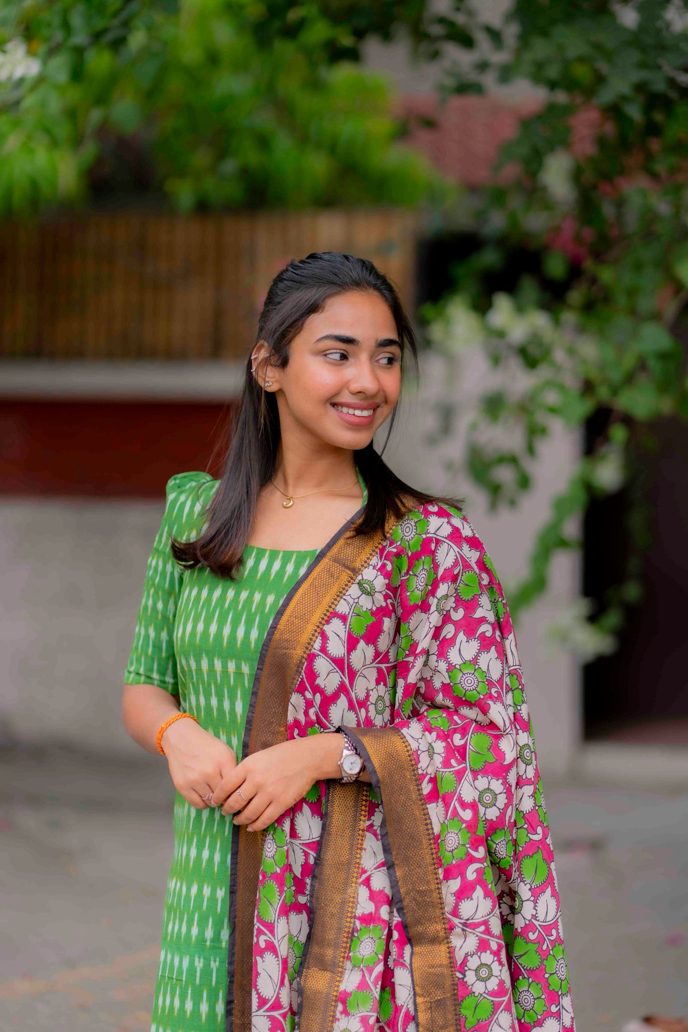 AA201 Green Ikkat Cotton Kurti with Kalmkari Dupatta