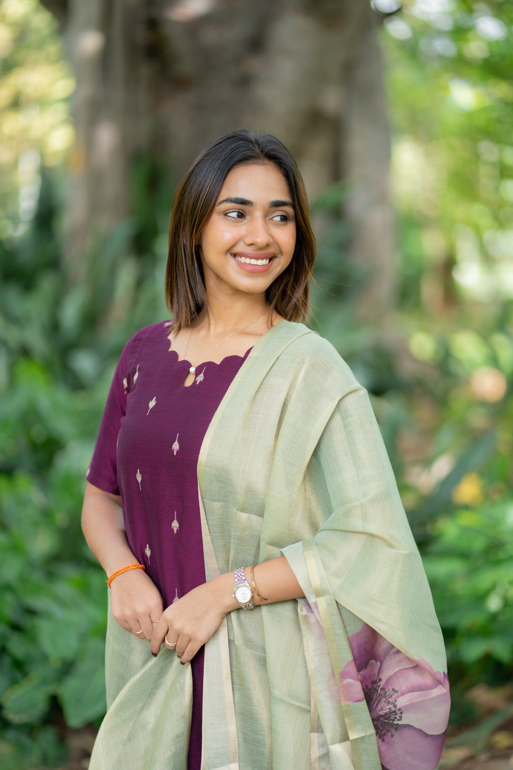 AA291 Wine Purple Raw Silk Top & Pant With pastel Green Tissue Silk Floral Dupatta