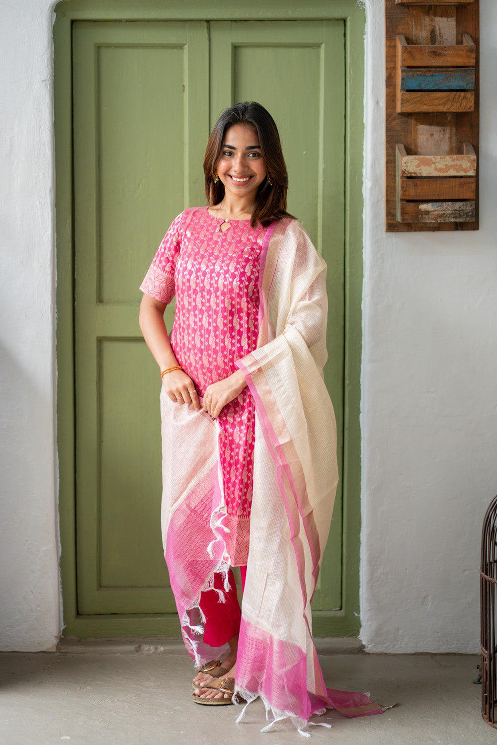 AA306 Pink Banarasi Silk Salwar Set With Beautiful Border & White Kota Dupatta with Pink Border