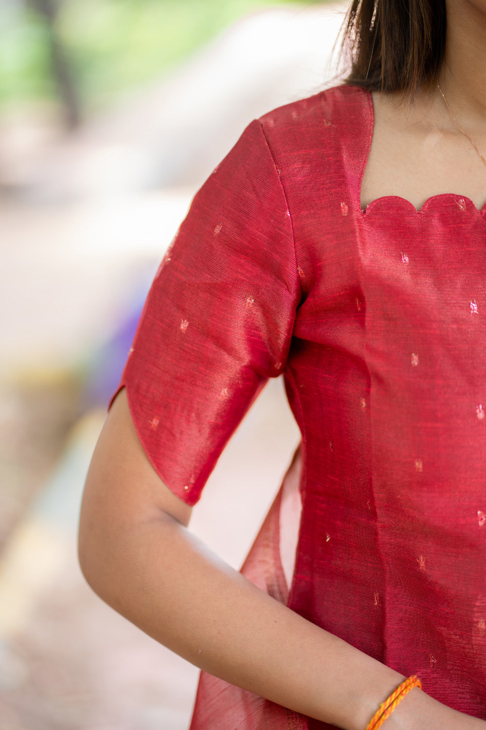 AA296 Red Chanderi Tissue Silk With Golden Motifs Kurti with Dupatta