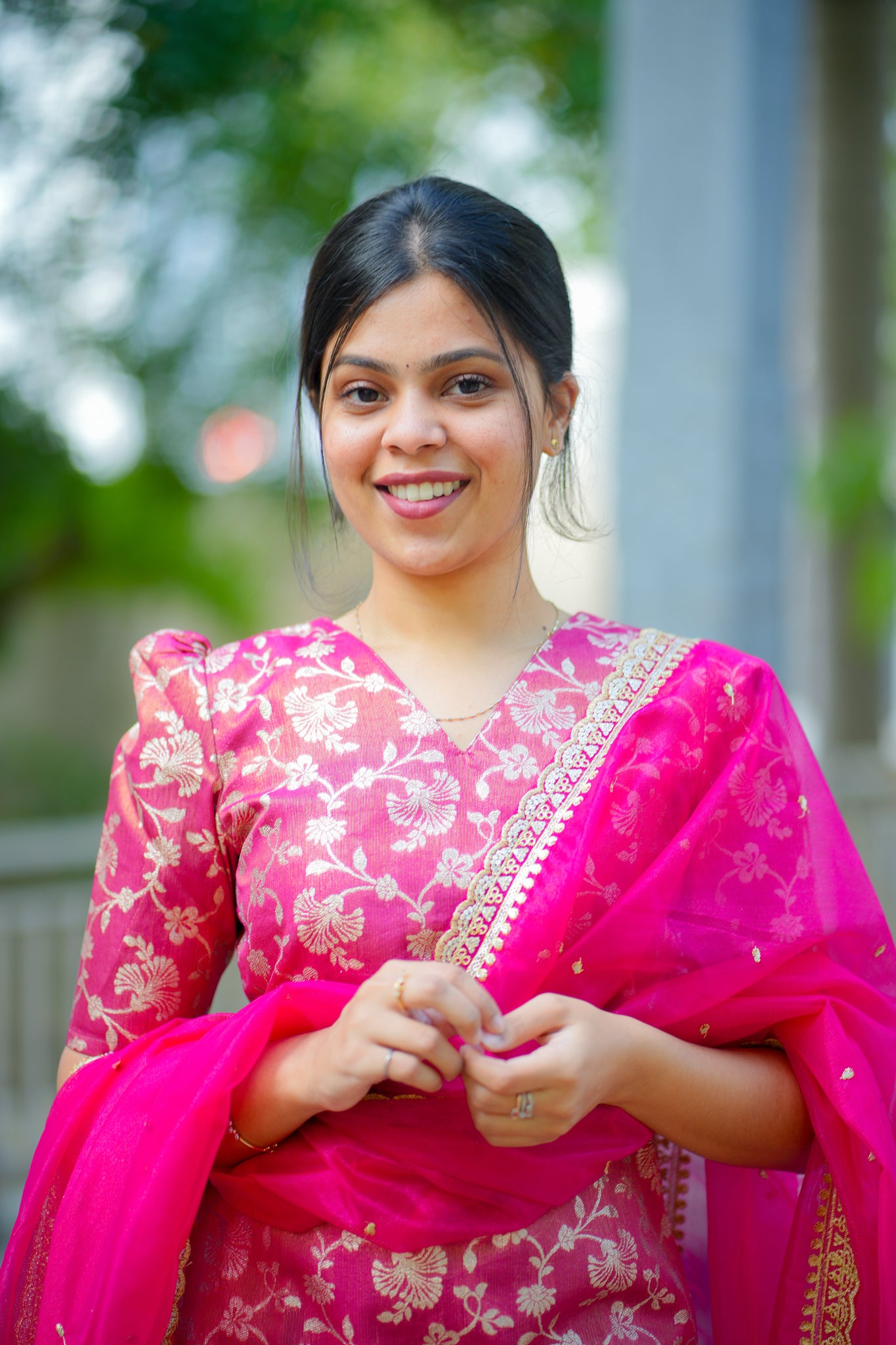 AA106 Hot Pink Tissue Brocade  Silk kurti with Designer Organza  Dupatta