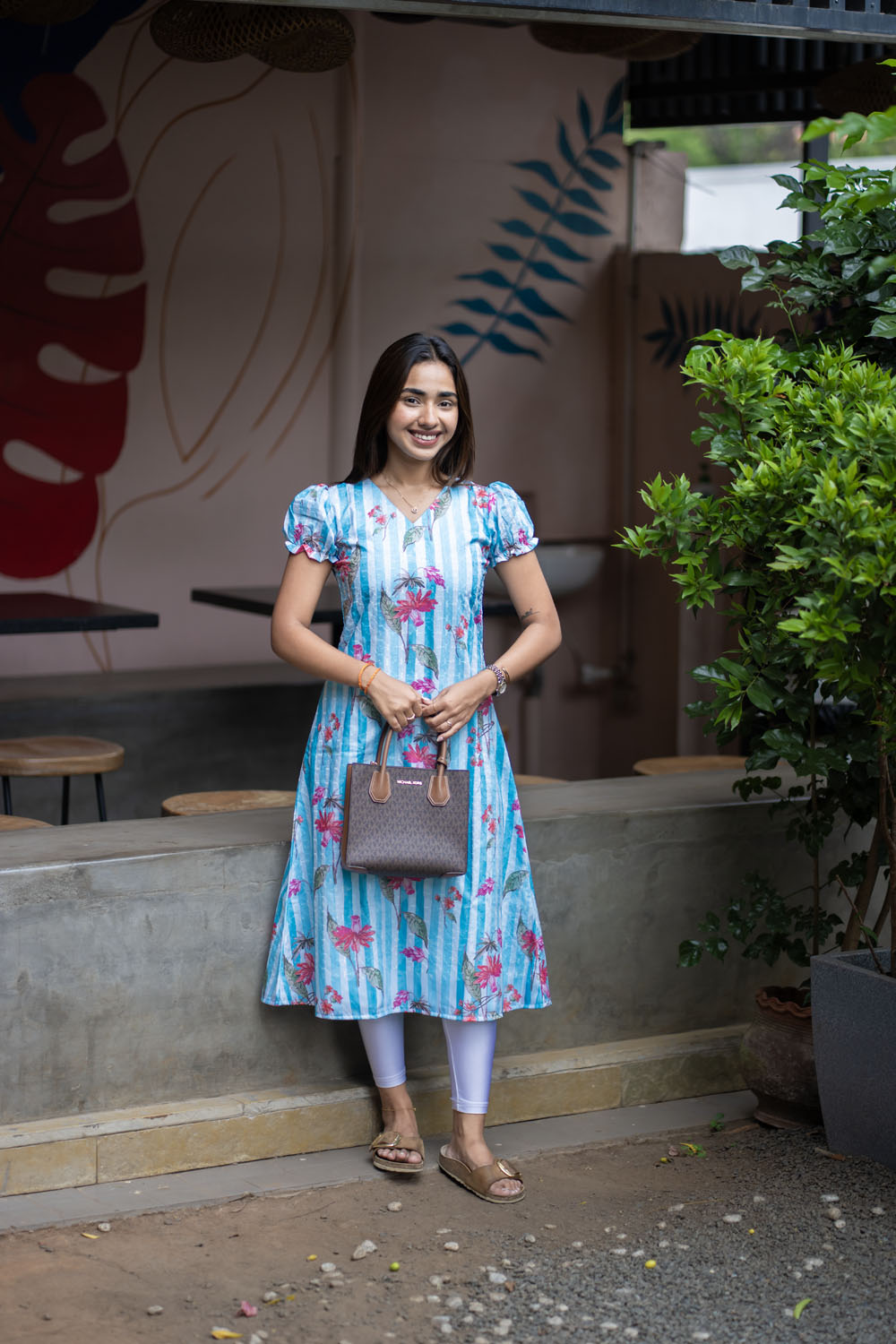AA257 Blue with White Stripes Cambric Hakoba Floral Aline Kurti