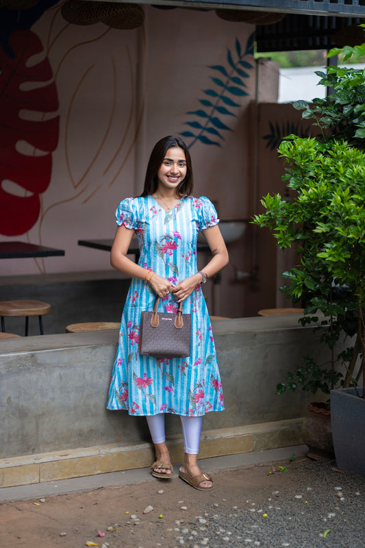 AA257 Blue with White Stripes Cambric Hakoba Floral Aline Kurti