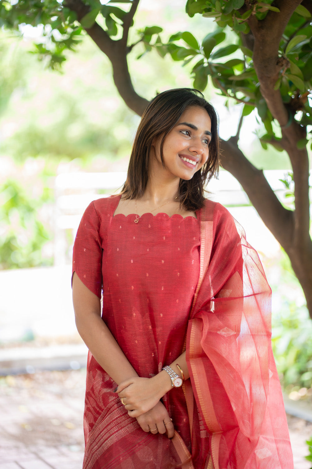 AA296 Red Chanderi Tissue Silk With Golden Motifs Kurti with Dupatta