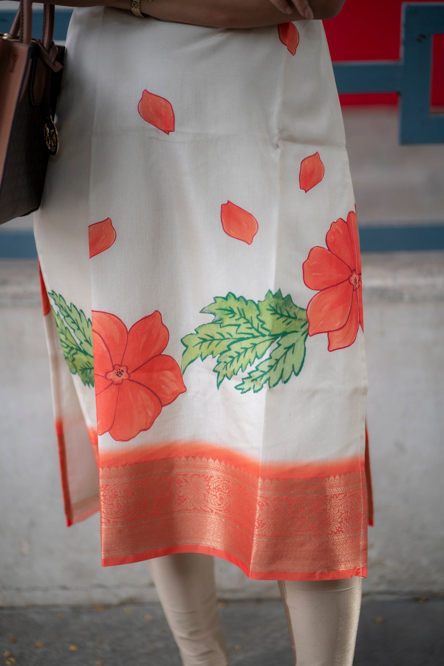 AA080 White with Orange Combo Silk floral kurti