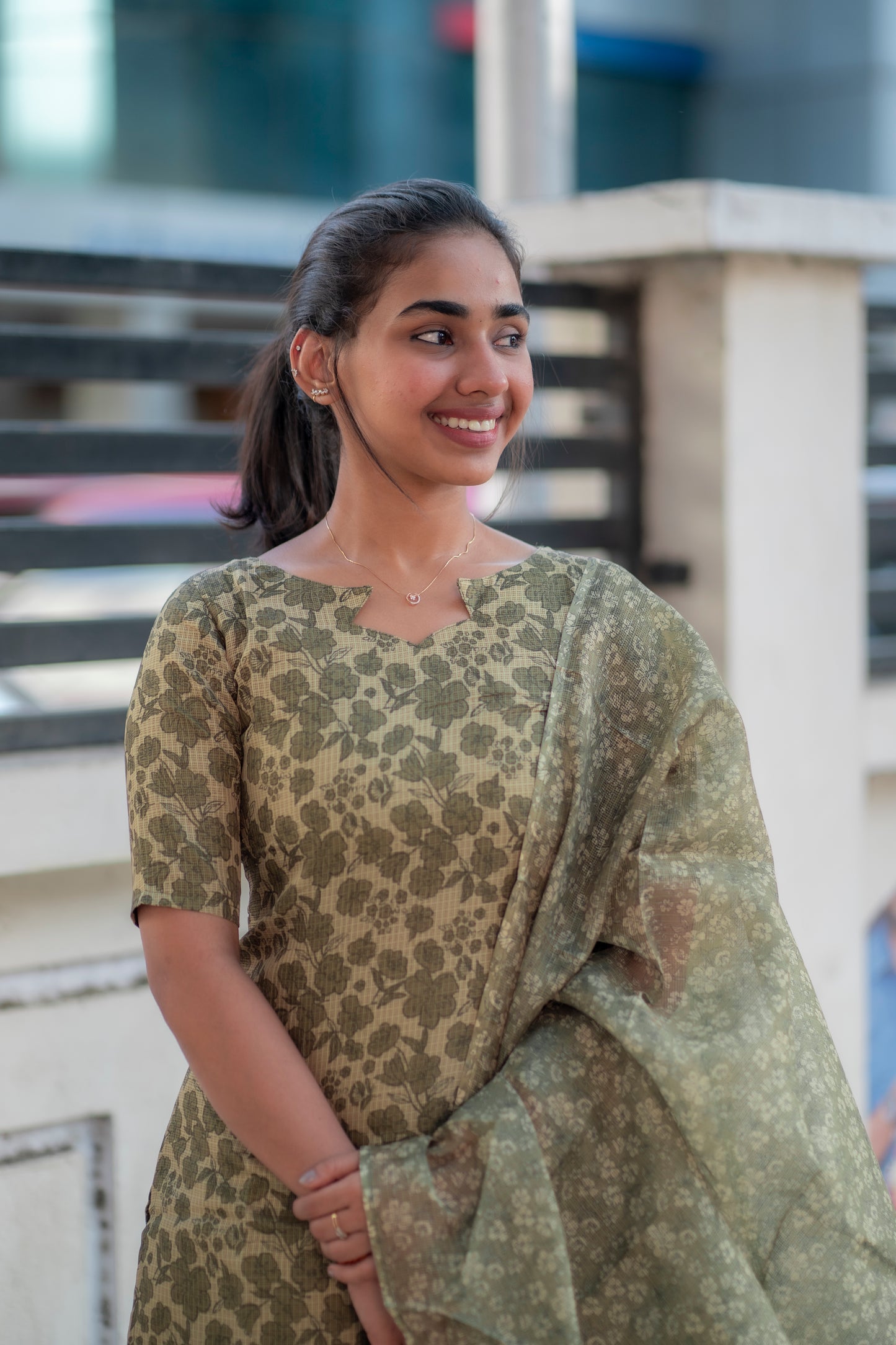 AA092 Green Floral Kota Kurti with Kota Dupatta