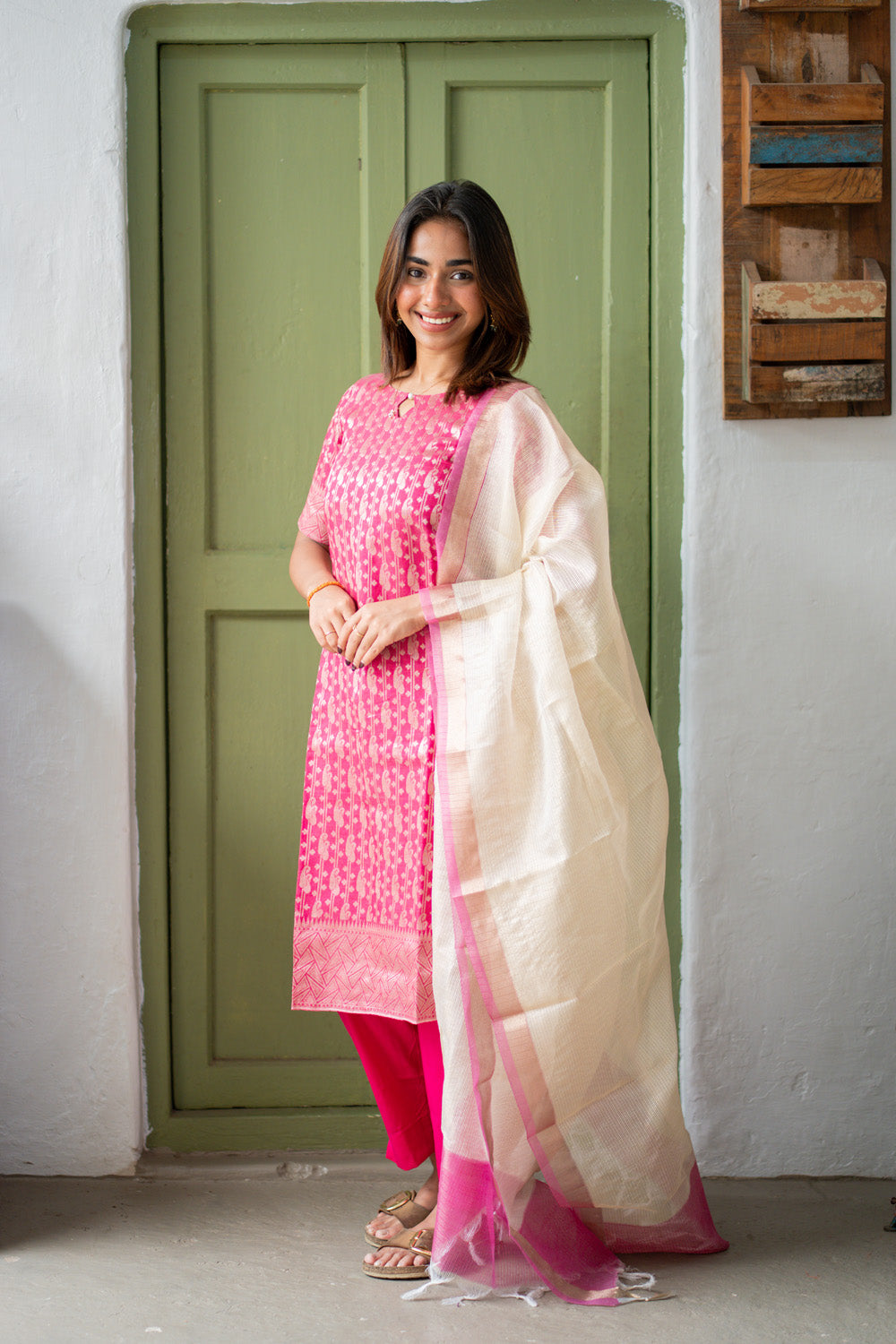 AA306 Pink Banarasi Silk Salwar Set With Beautiful Border & White Kota Dupatta with Pink Border