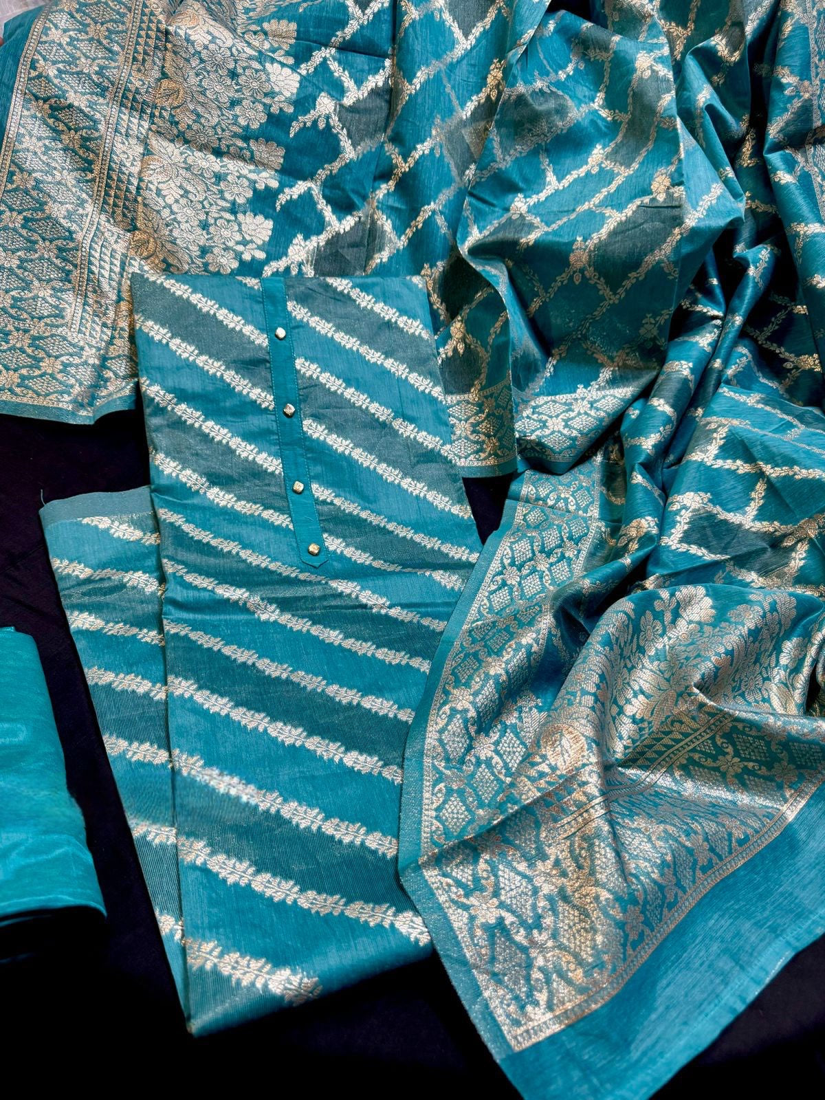 Raw Silk with Weaving Top & Dupatta,Silk Bottom(3 Pc Set)