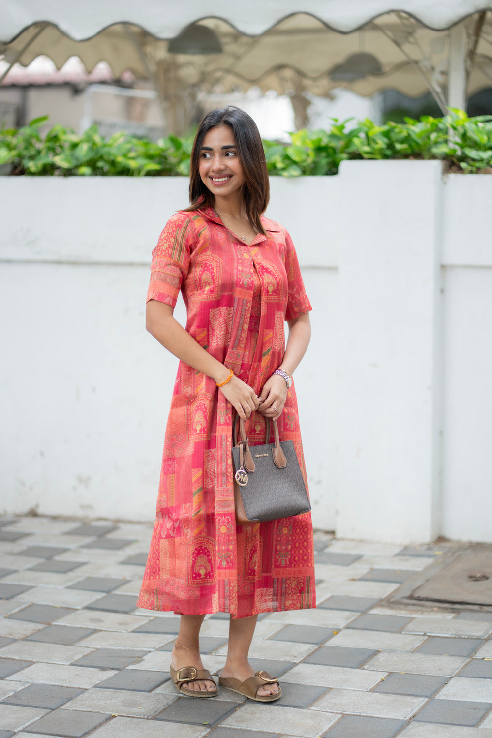 AA288 Coral Red with Multi Prints Shimmer Silk Aline Kurti