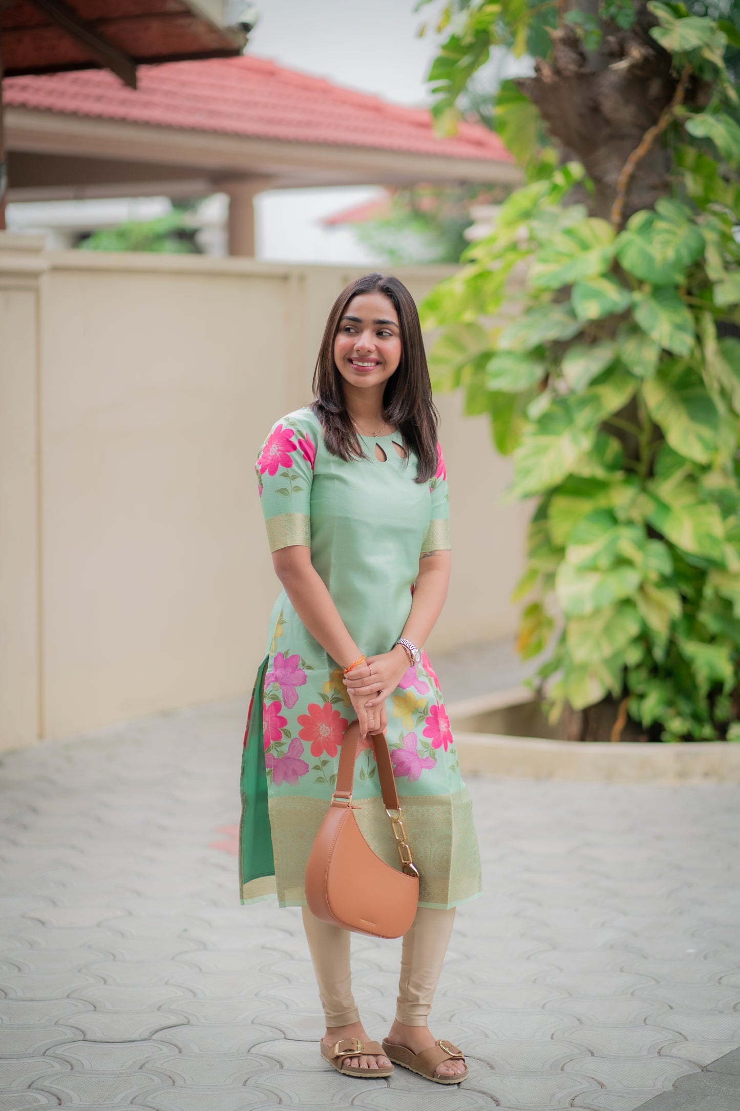 AA154 Pastel Green Floral Tissue Silk Kurti