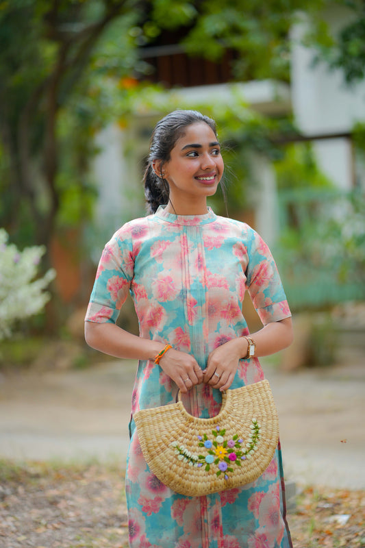 AA116 Blue Floral Linen Silk Kurti