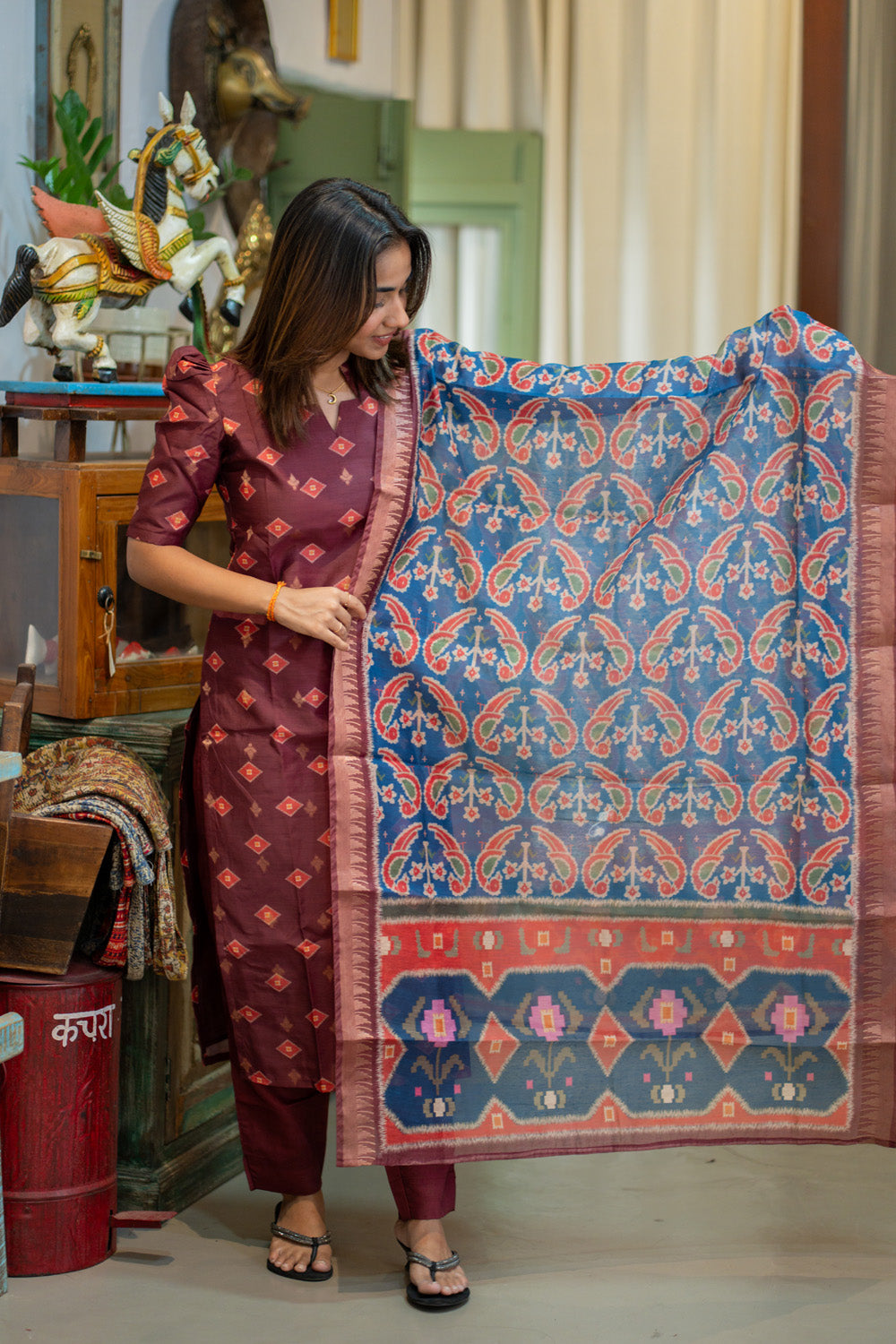Brown with Blue combo Malai Chanderi Salwar Set with Patola Print Dupatta