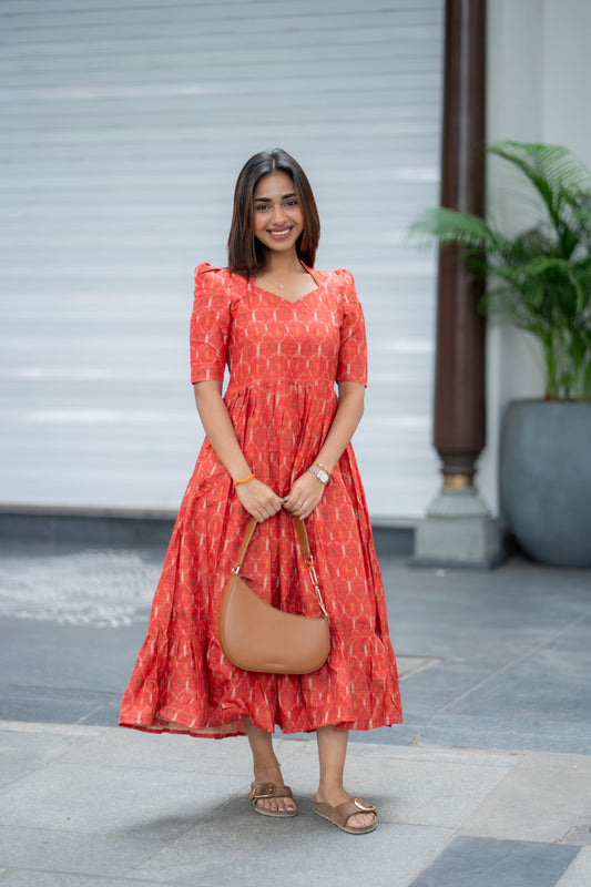 AA286 Rust Orange Ikkat Print Maxi
