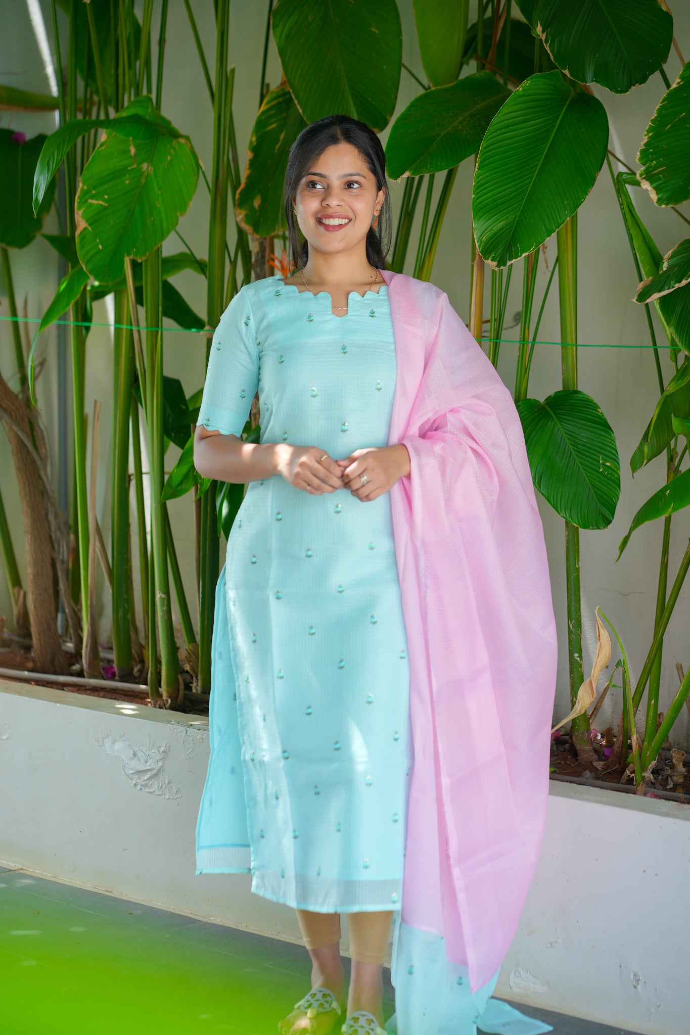 AA129 Blue Kota Kurti with Pink Kota Dupatta