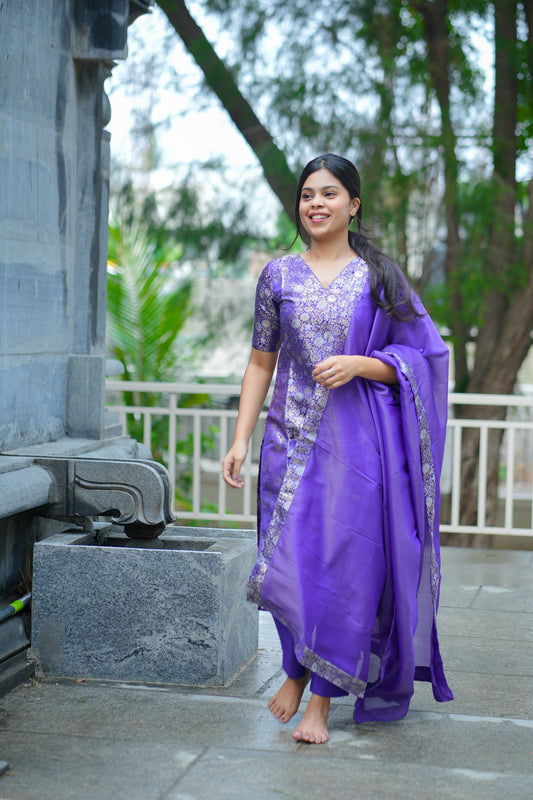 AA-125A Dark Violet Brocade Silk (3 pc Set) with Shimmer Silk Dupatta