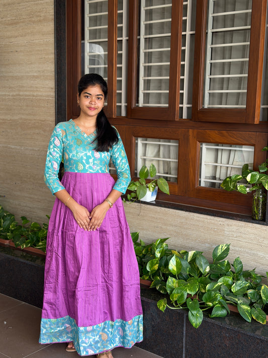 AA304 Maxi-Blue Jacquard Brocade Silk with Multicolour Zari in Yoke part combined with Purple full flared Skirt