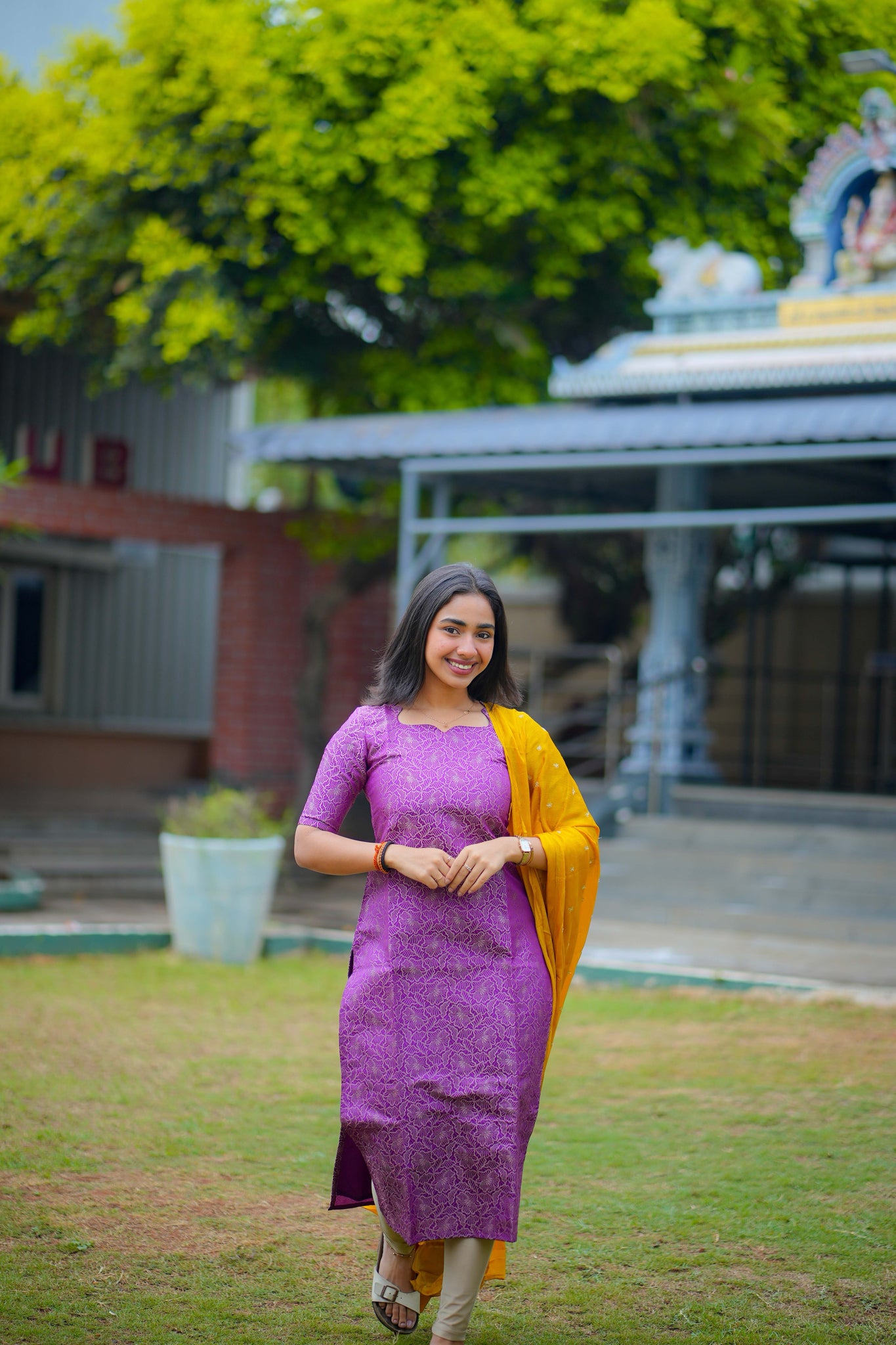 AA115 Purple Art Silk Kurti with Yellow golden Motifs Dupatta