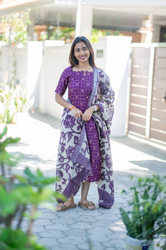 AA268 Purple Checks Raw Silk Kurti with Kalmkari Dupatta