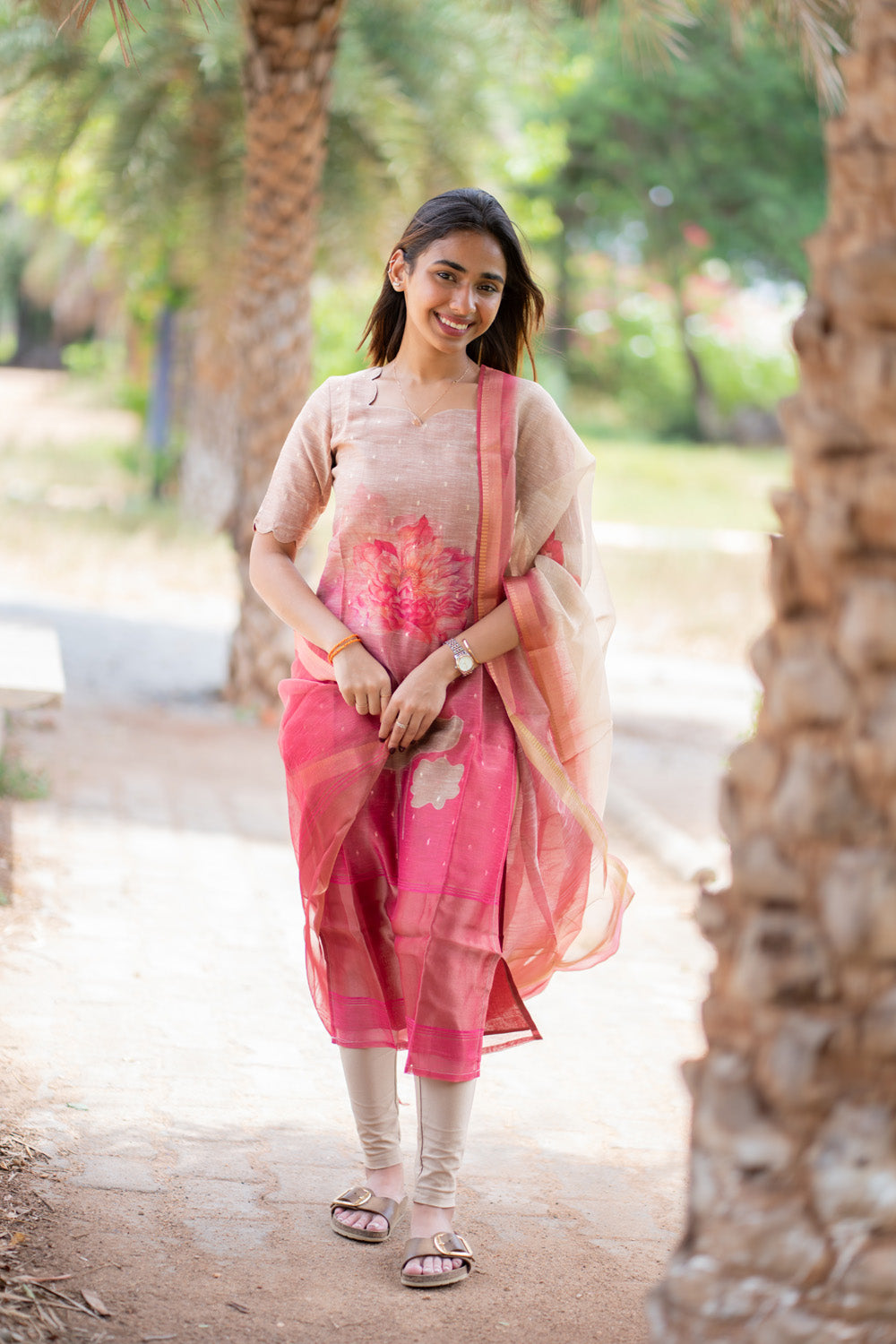 AA298 Beige with Pink Combo Floral Chanderi Tissue Silk Kurti with Dupatta