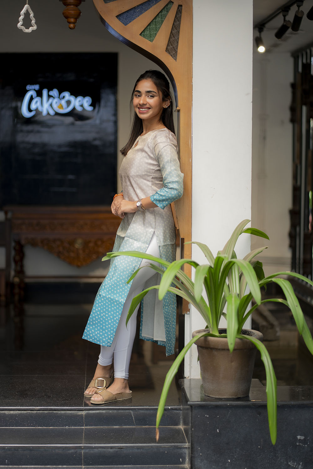 AA206 Beige with Blue Combo Bandhani Silk Kurti