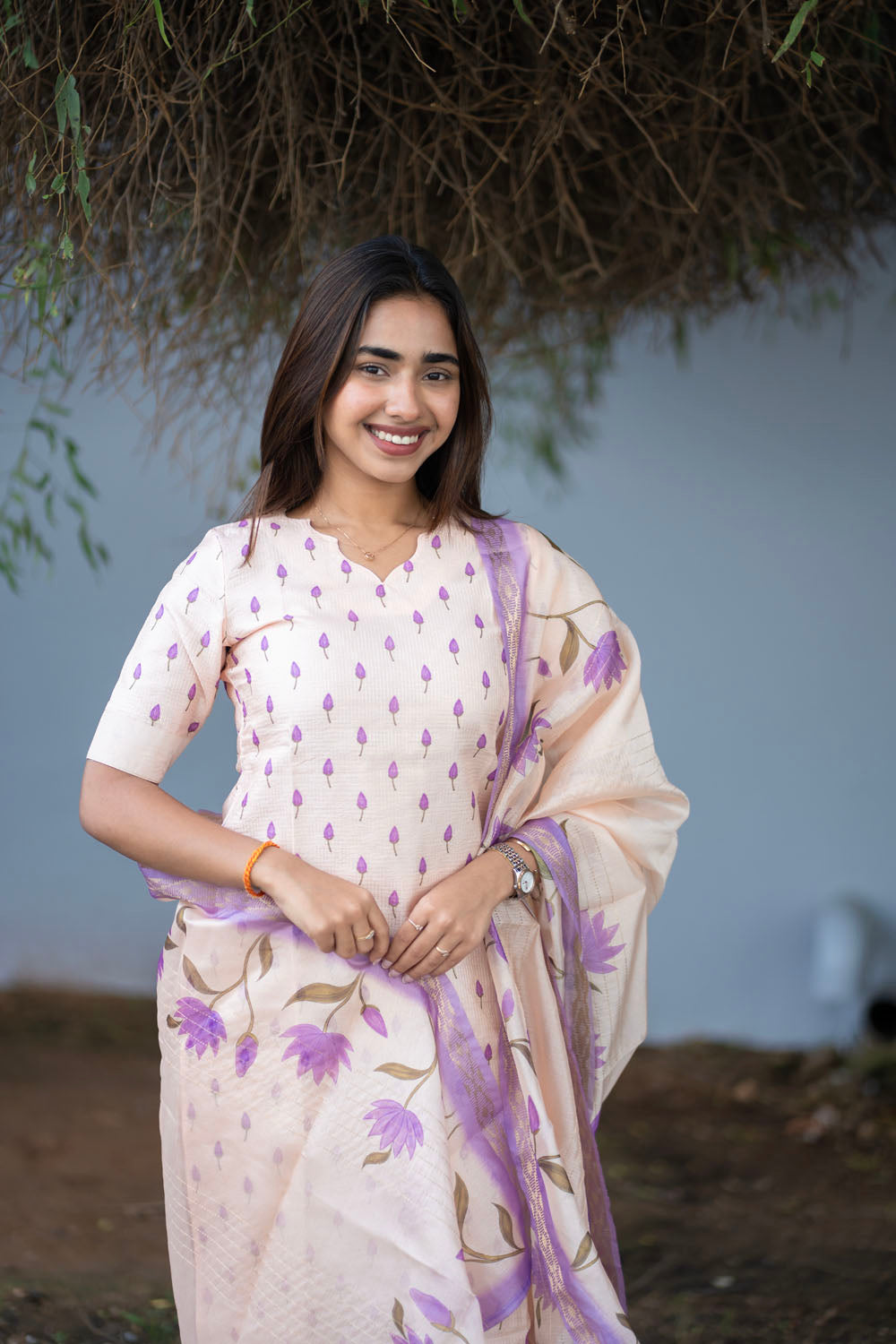 AA252 Beige with Lavender Combo Kota Floral 3 Pc Set