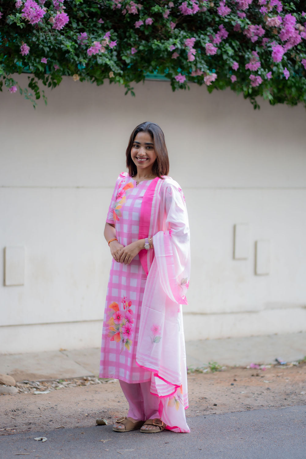 AA245 Pink Checks Floral Cambric Cotton 3 Pc Set