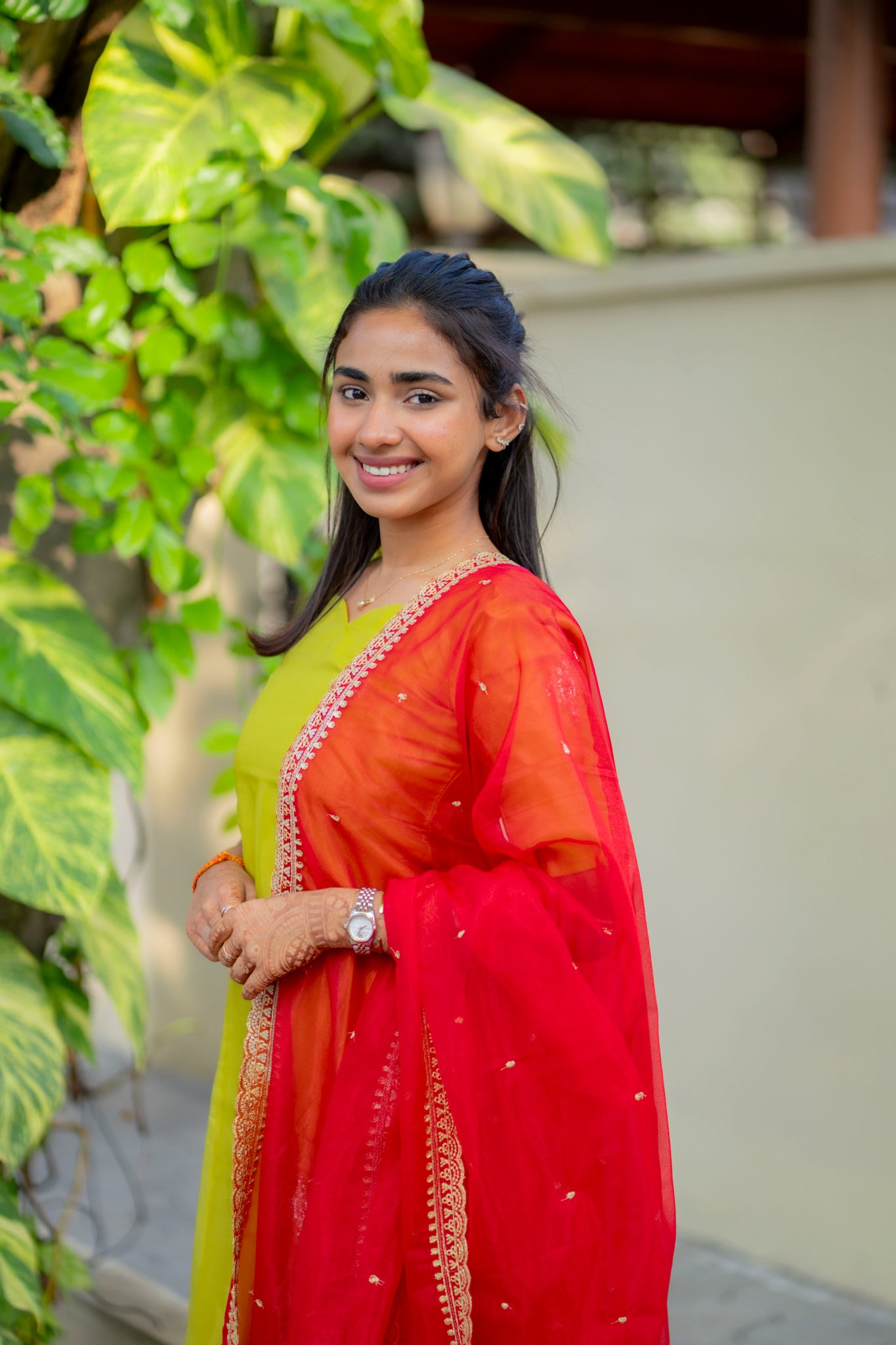 AA195 Parrot Green Glassy Organza Designer Kurti with Red Designer Dupatta