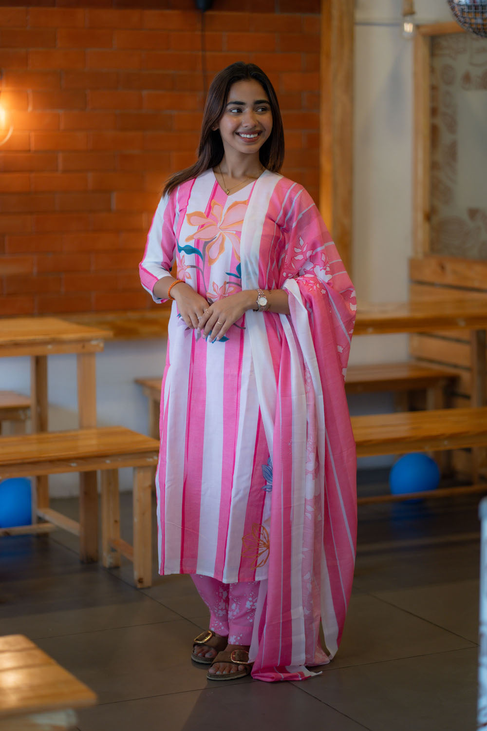 AA239 Pastel Pink with White Stripes Cambric Cotton 3 Pc set