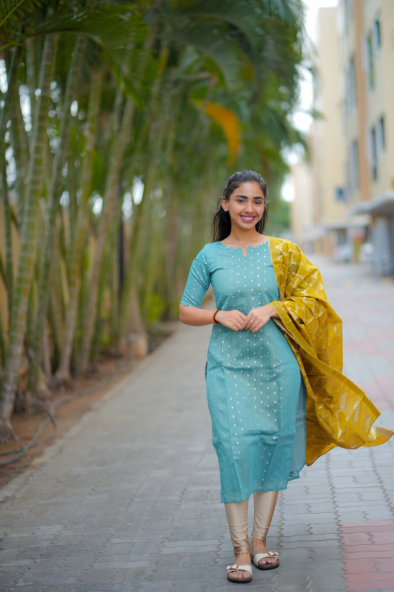 AA118 Blue Raw Silk Kurti With Mustard Brocade Dupatta