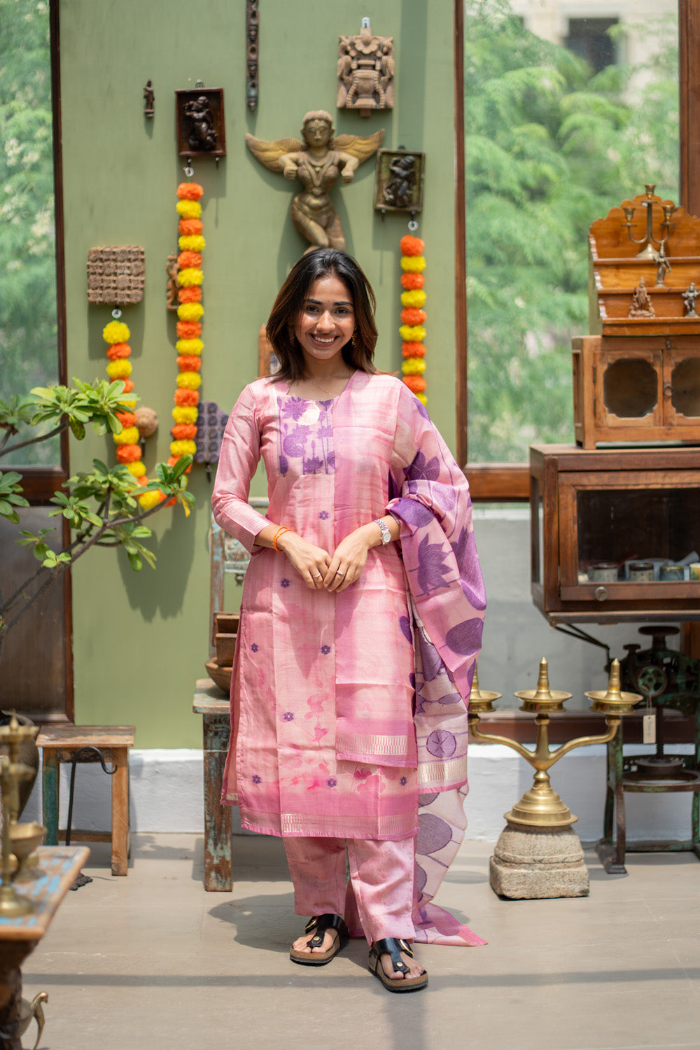 Pink with Purple Combo Swan & Pichwai Print Jamdhani Silk Salwar Set