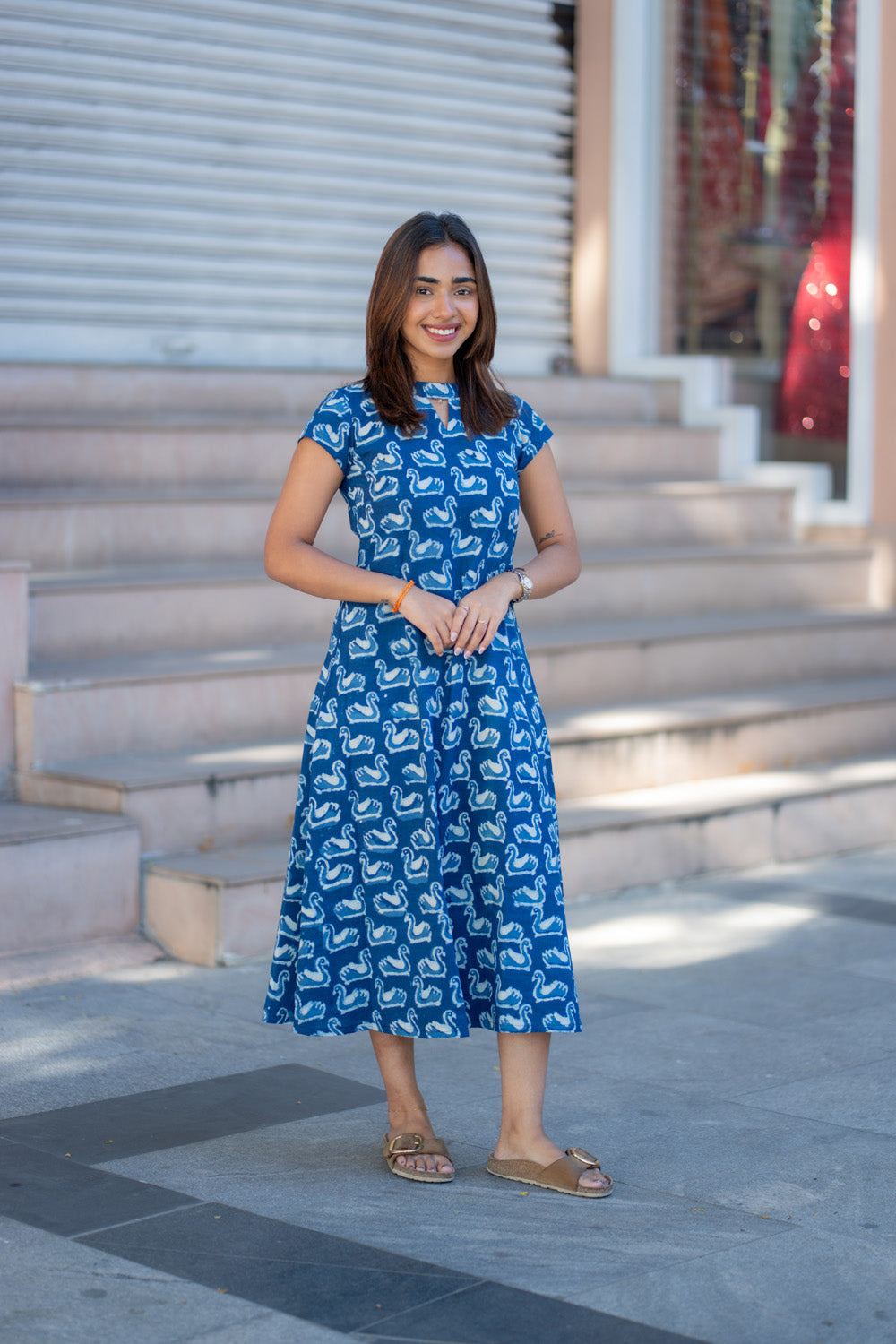 AA265 Indigo Blue Swan Print Cotton Aline Dress