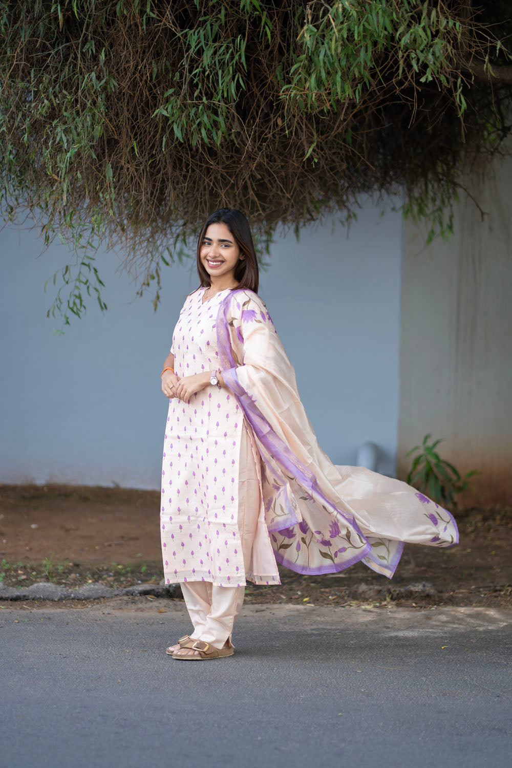 AA252 Beige with Lavender Combo Kota Floral 3 Pc Set