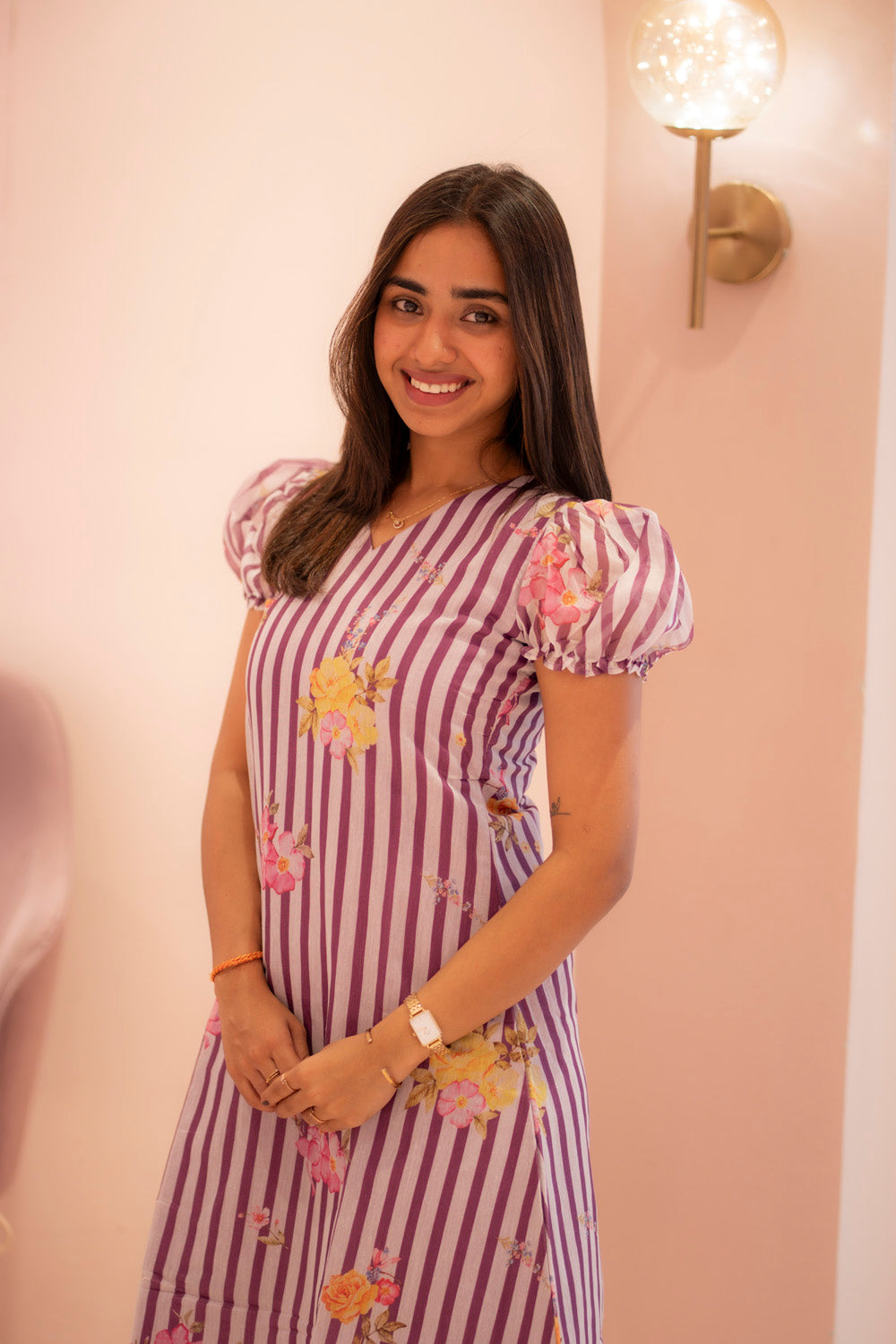 AA225 Lavender Mul Chanderi Lines Flower print Aline Kurti