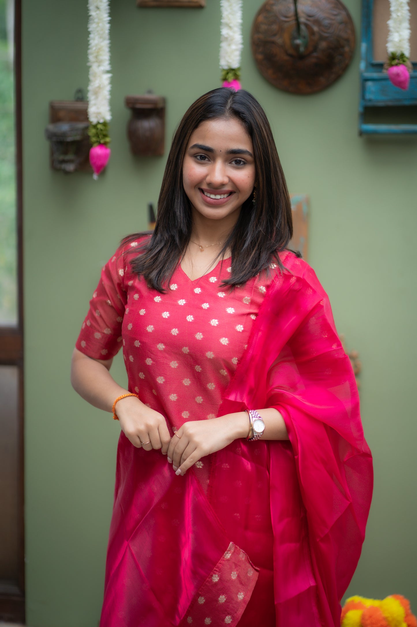 AA147 Rani Pink Chanderi Jacquard Silk Kurti With Shimmer Silk Dupatta